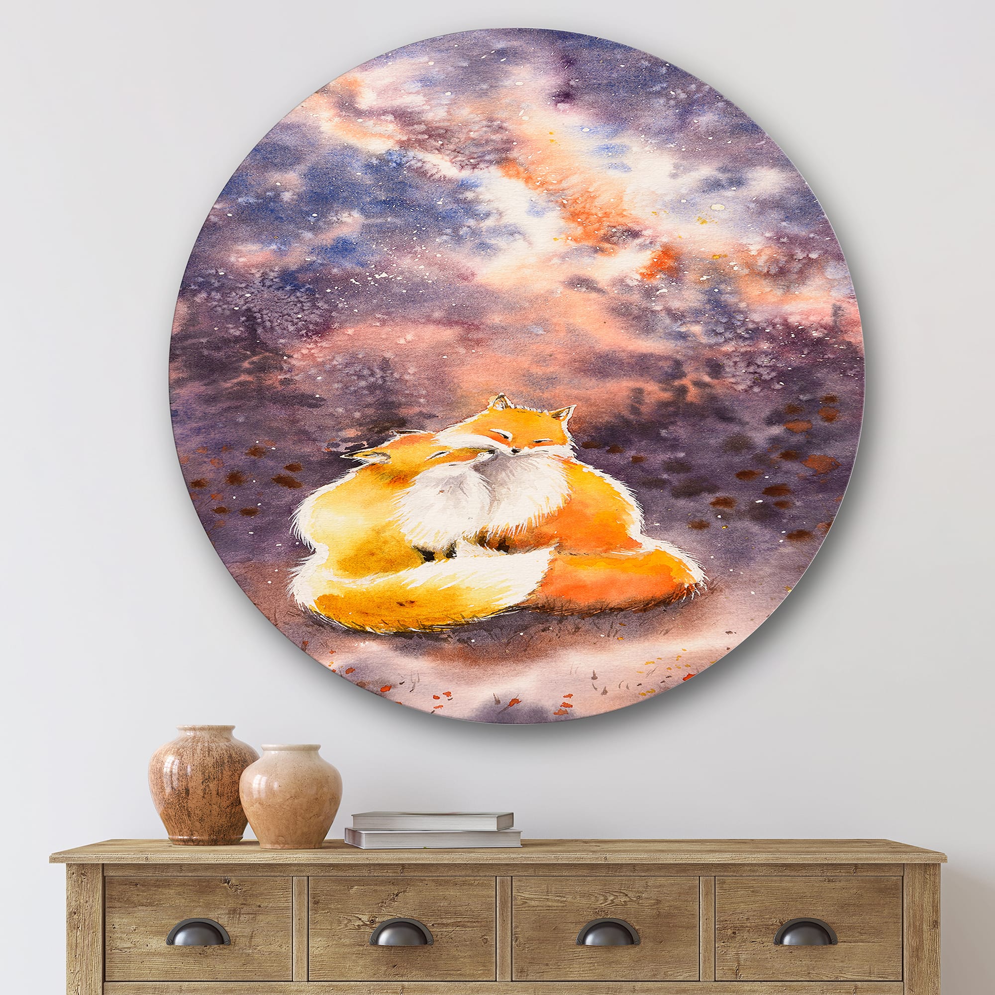 Designart - Hugging Foxes Over A Night Sky - Children's Art Metal Circle Wall Art