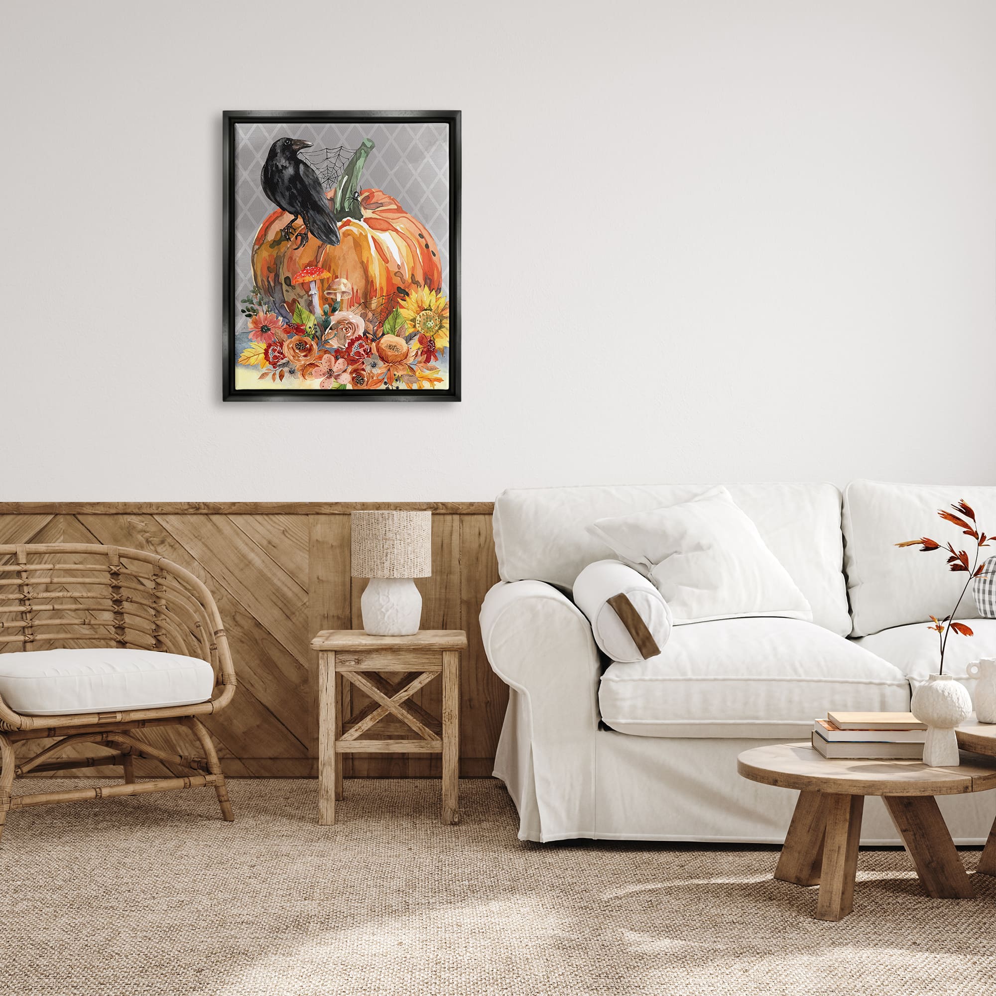 Stupell Industries Autumn Crow Pumpkin Botanicals Framed Floater Canvas Wall Art