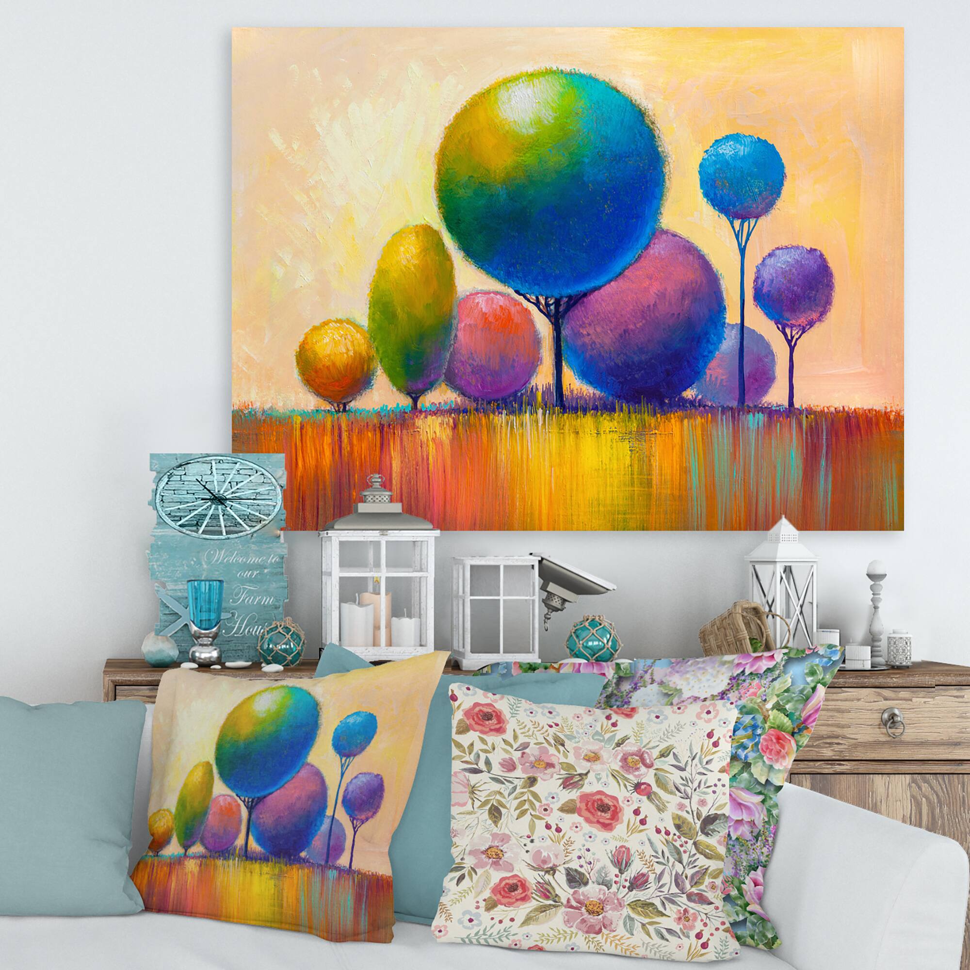 Designart - Colourful Ornamental Trees VIII - Modern Canvas Wall Art Print