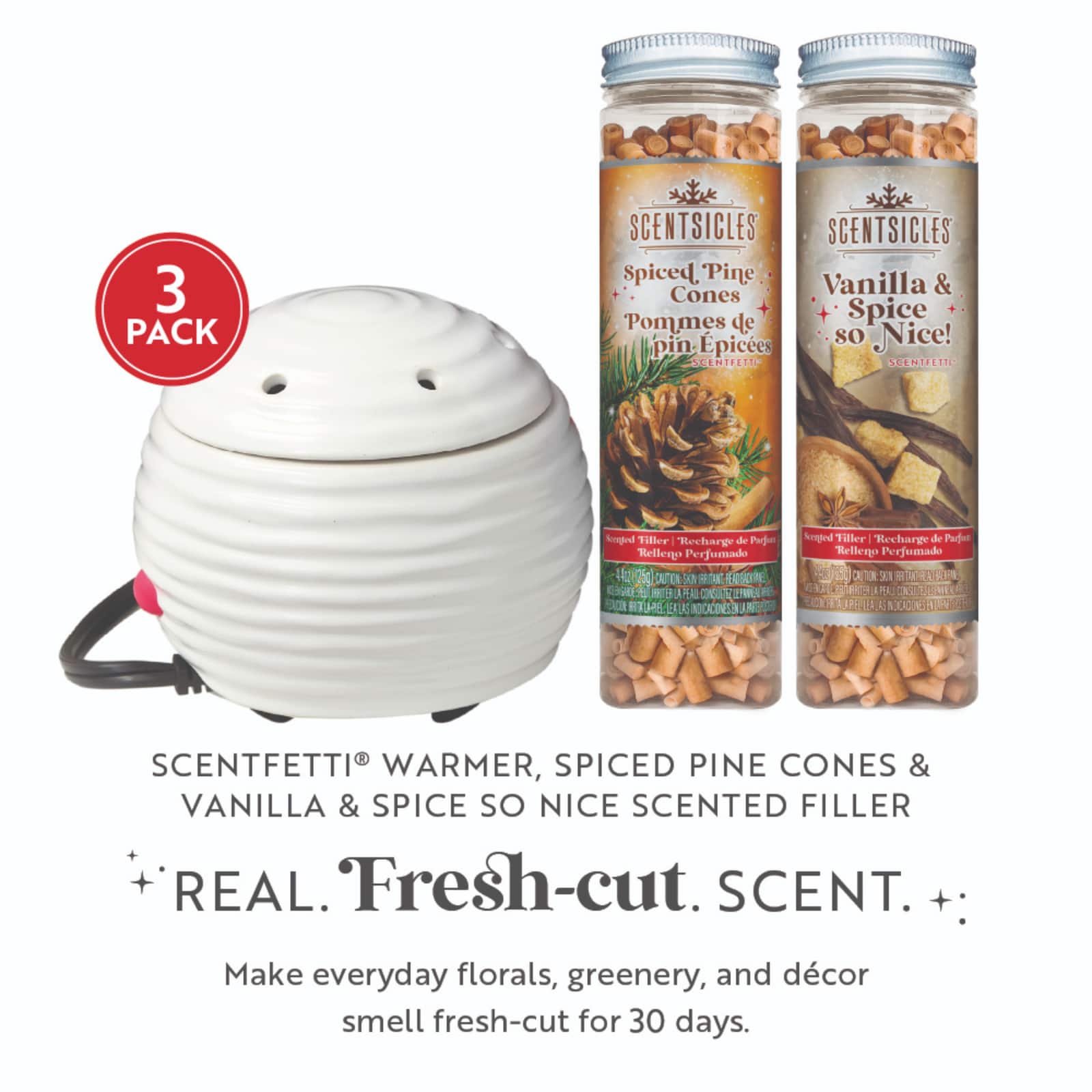 Scentsicles White Warmer with Scentfetti Spiced Pine Cones and Vanilla & Spice 3 pack