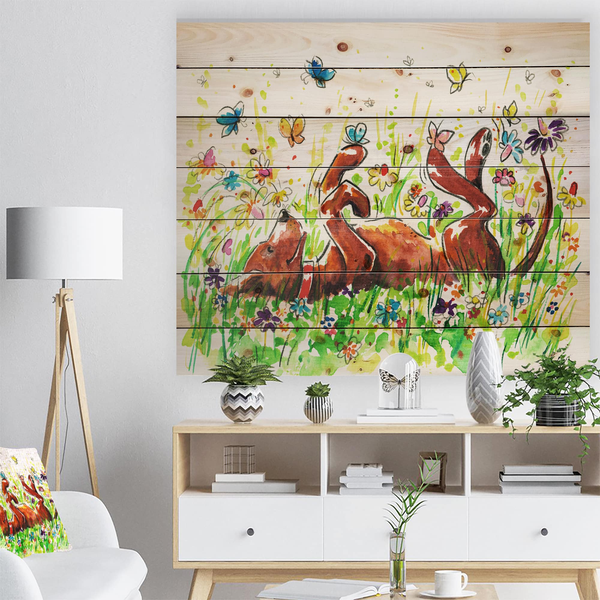 Designart - Happy Brown dog with Flowers and Butterfly
