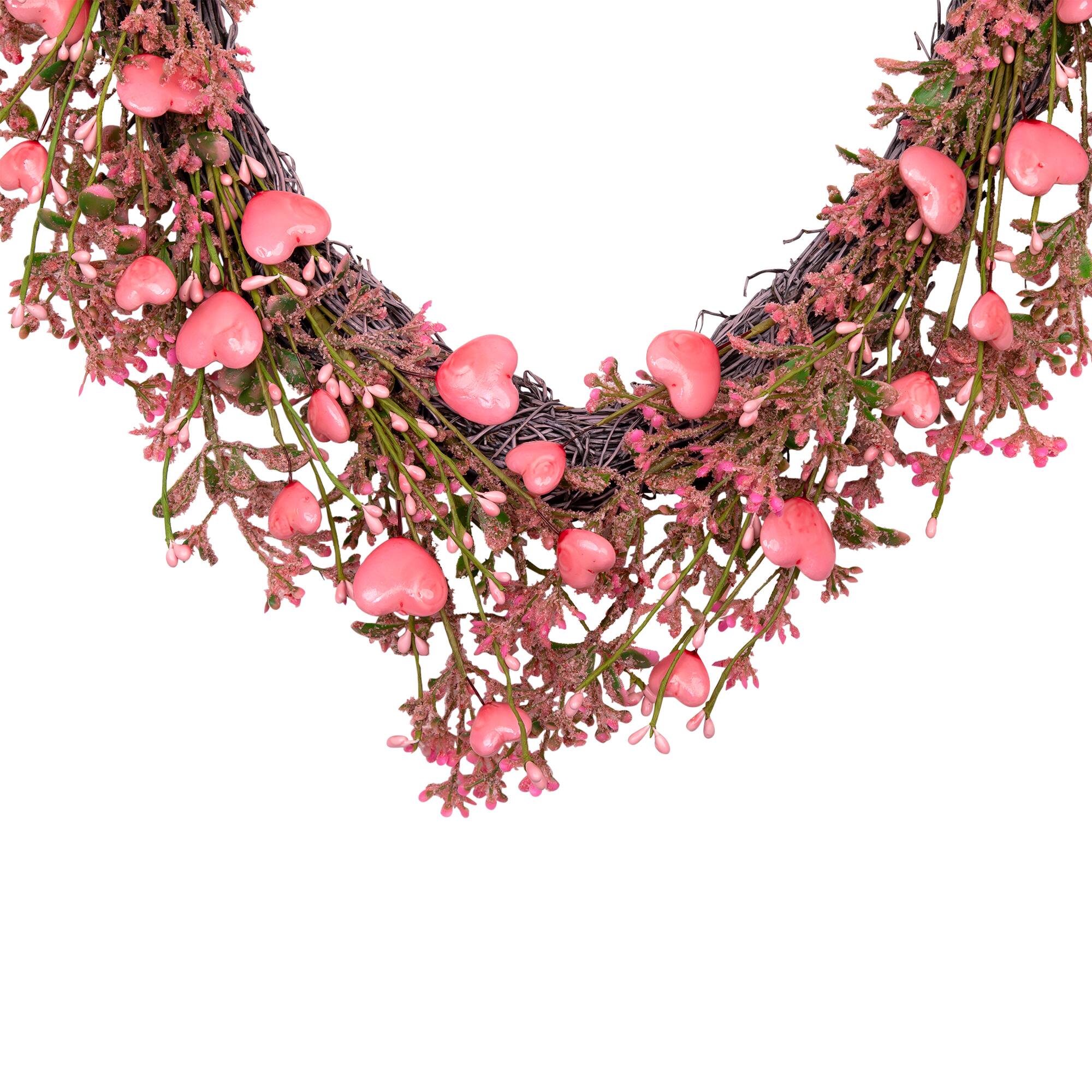 18" Pink Hearts & Rosebuds Artificial Heart Shaped Valentine's Day Wreath