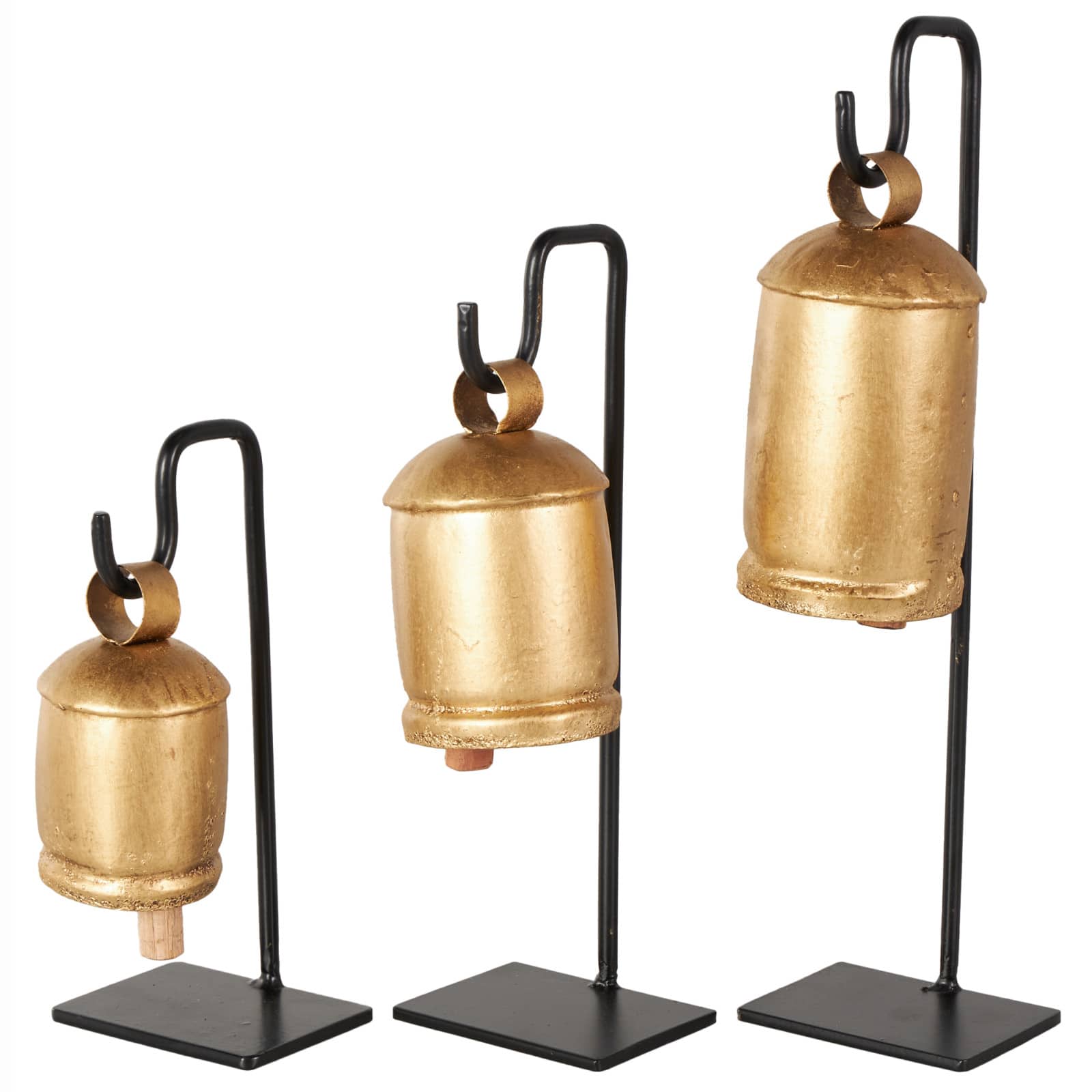 Gold Metal Decorative Cow Bells with Black Stand & Brown Wooden Clapper Set