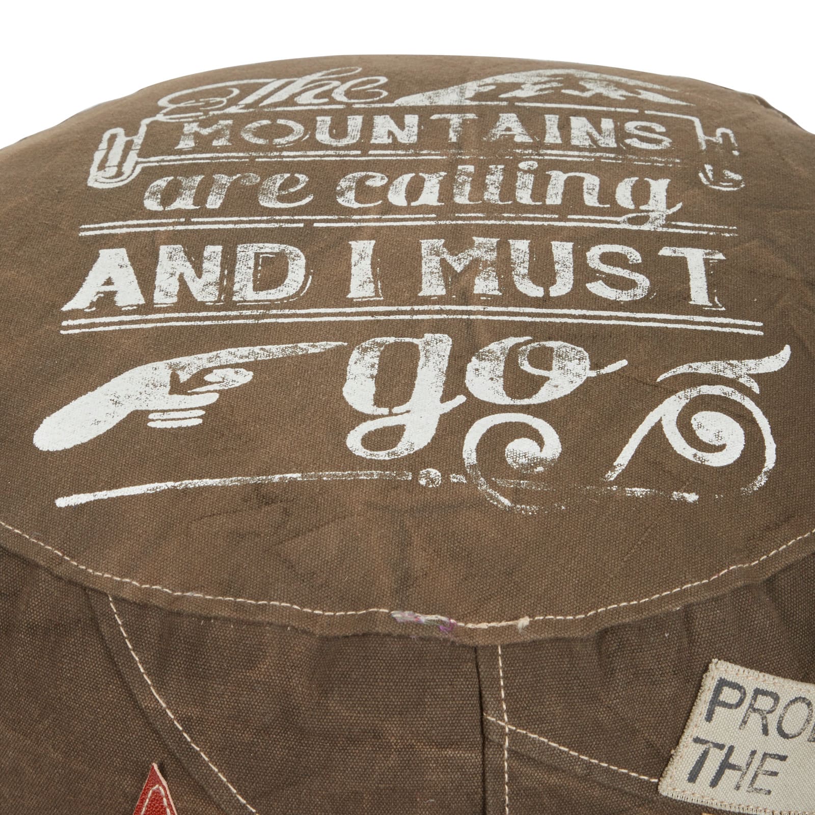 Brown Canvas and Leather Rustic Pouf, 19" x 17" x 17"