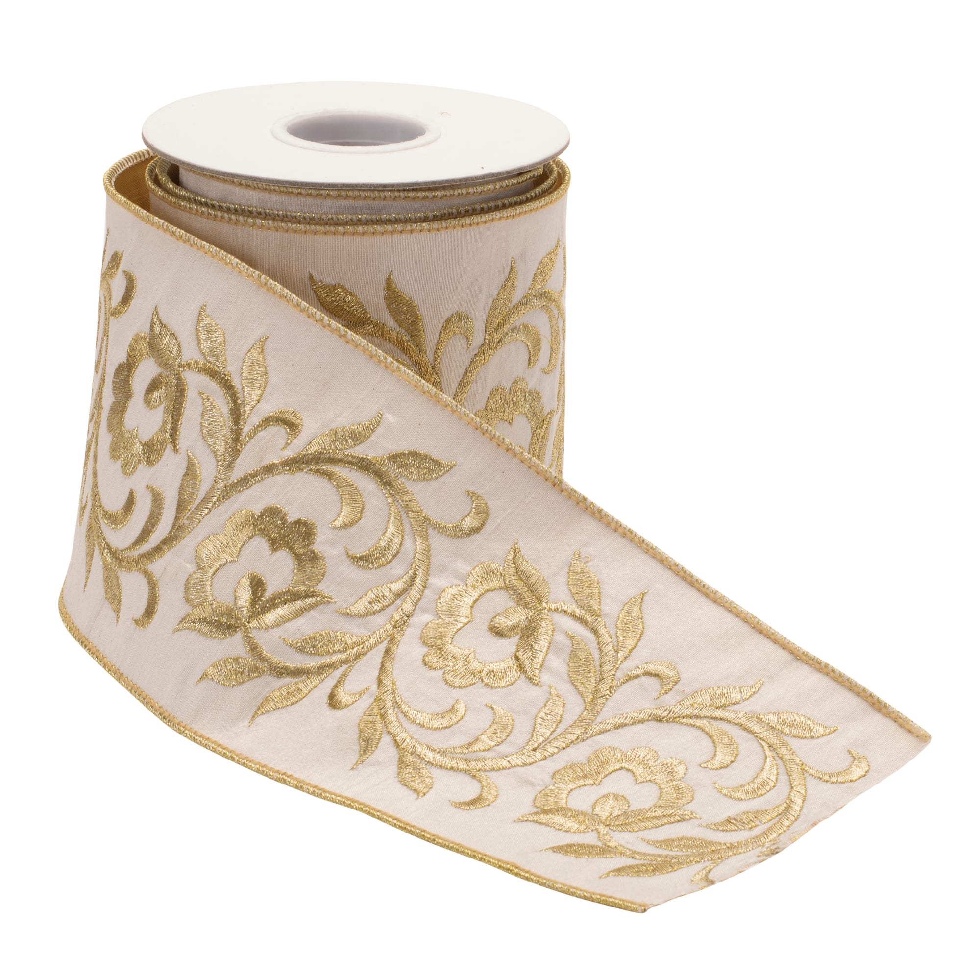 4" x 5yd. Ornate Embroidered Leaves Wired Ribbon 
