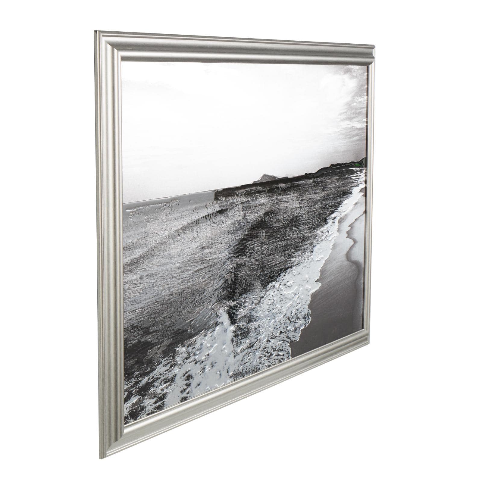 Silver Canvas Ocean Landscape Textured Framed Wall Art with Black & White Accents