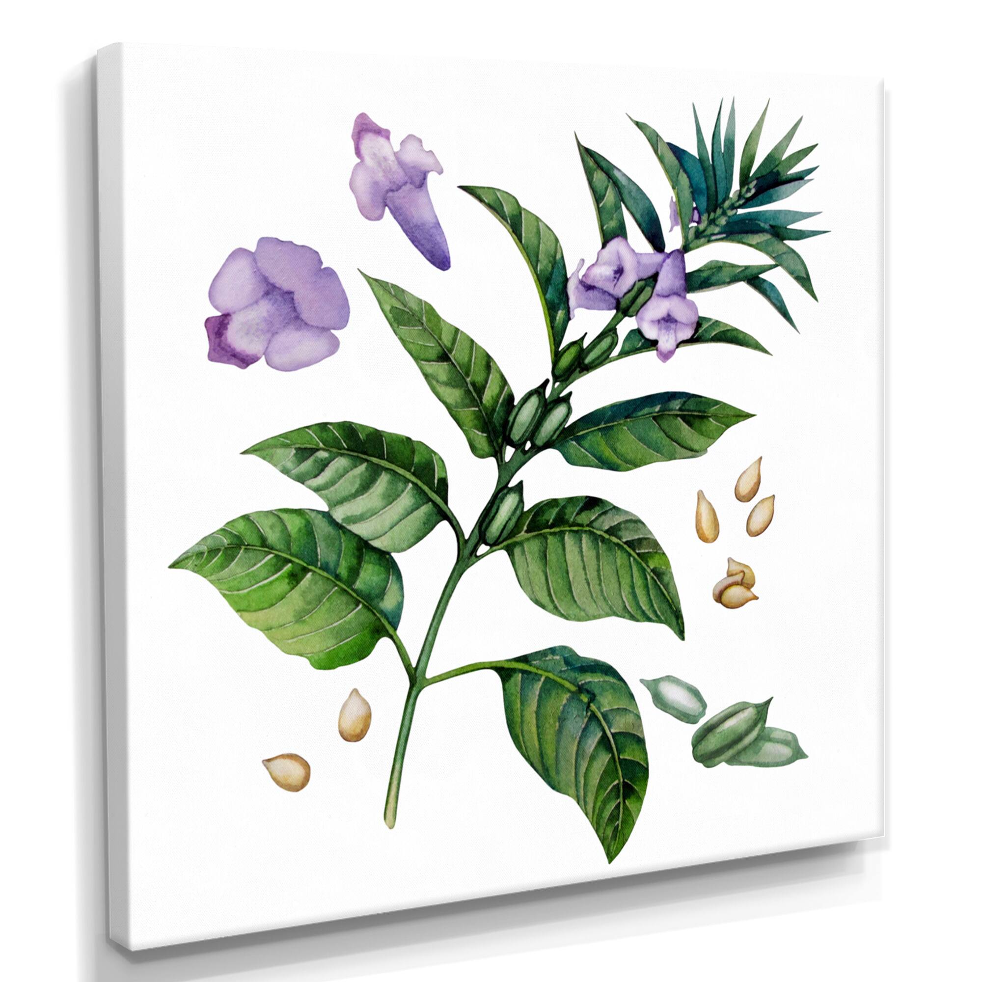 Designart - Purple Sesame Flowers WIth Green Leaves