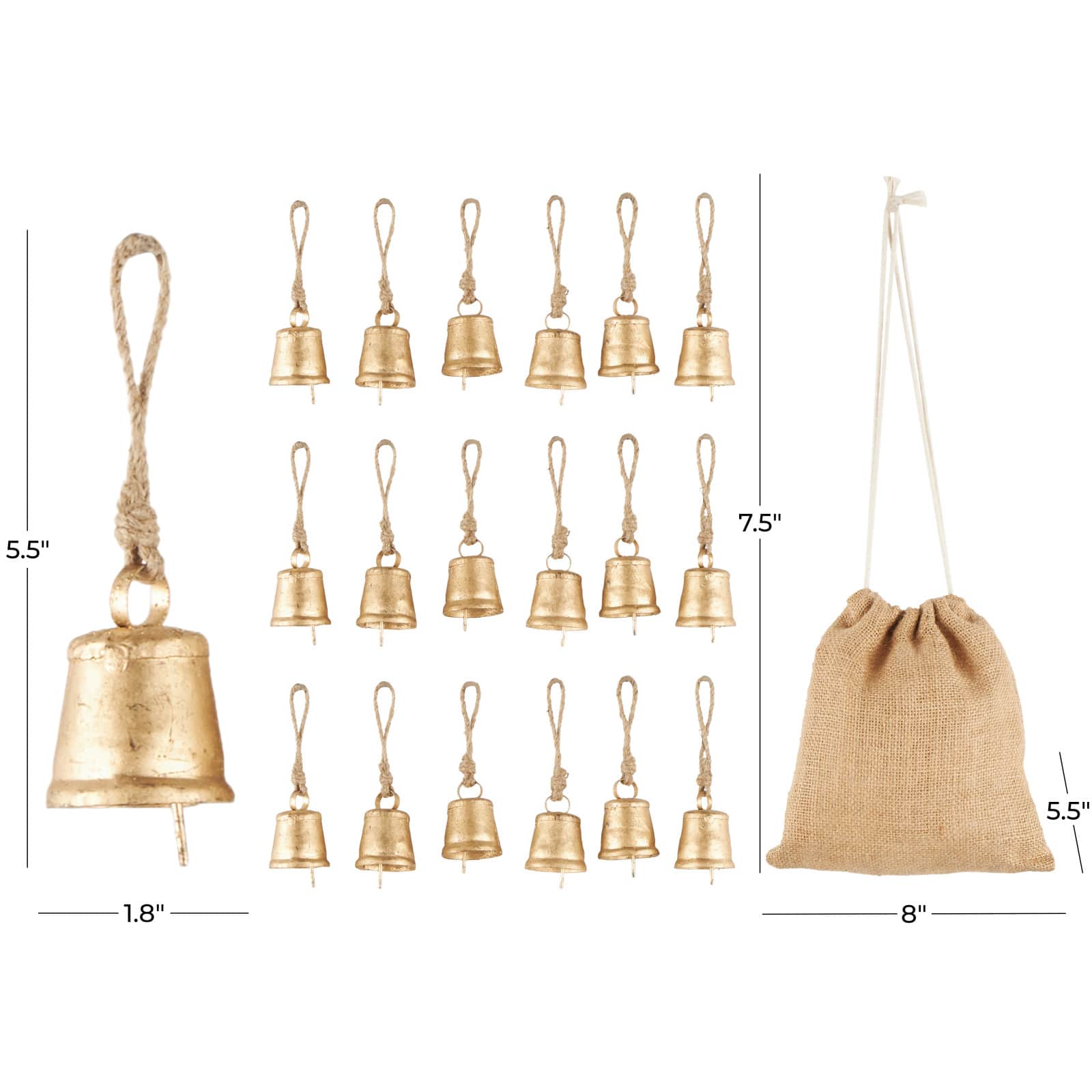 Gold Metal Tibetan-Inspired Decorative Bells with Jute Rope and Canvas Drawstring Tote Set
