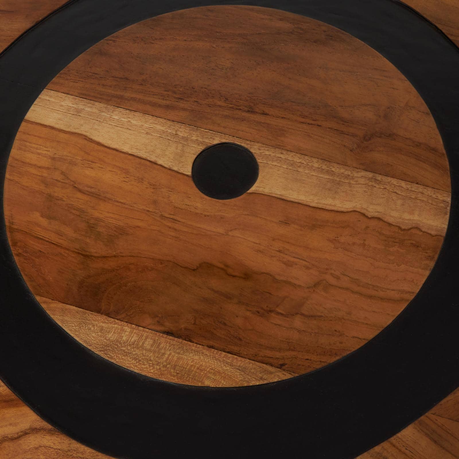 22" Brown Teak Wood Round Accent Table with Geometric Layered Circle Design and Black Legs