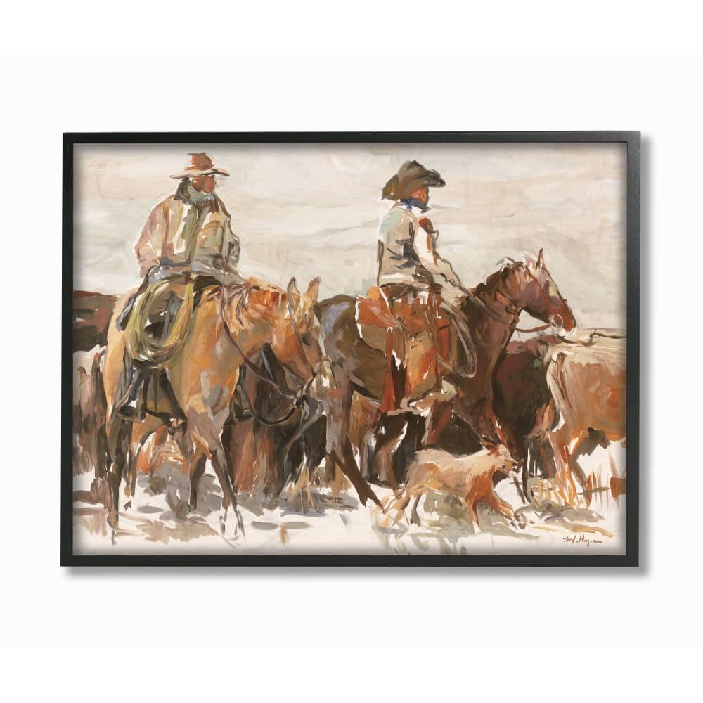 Stupell Industries Cowboys And Horses Farm Western Painting in Black Frame Wall Art