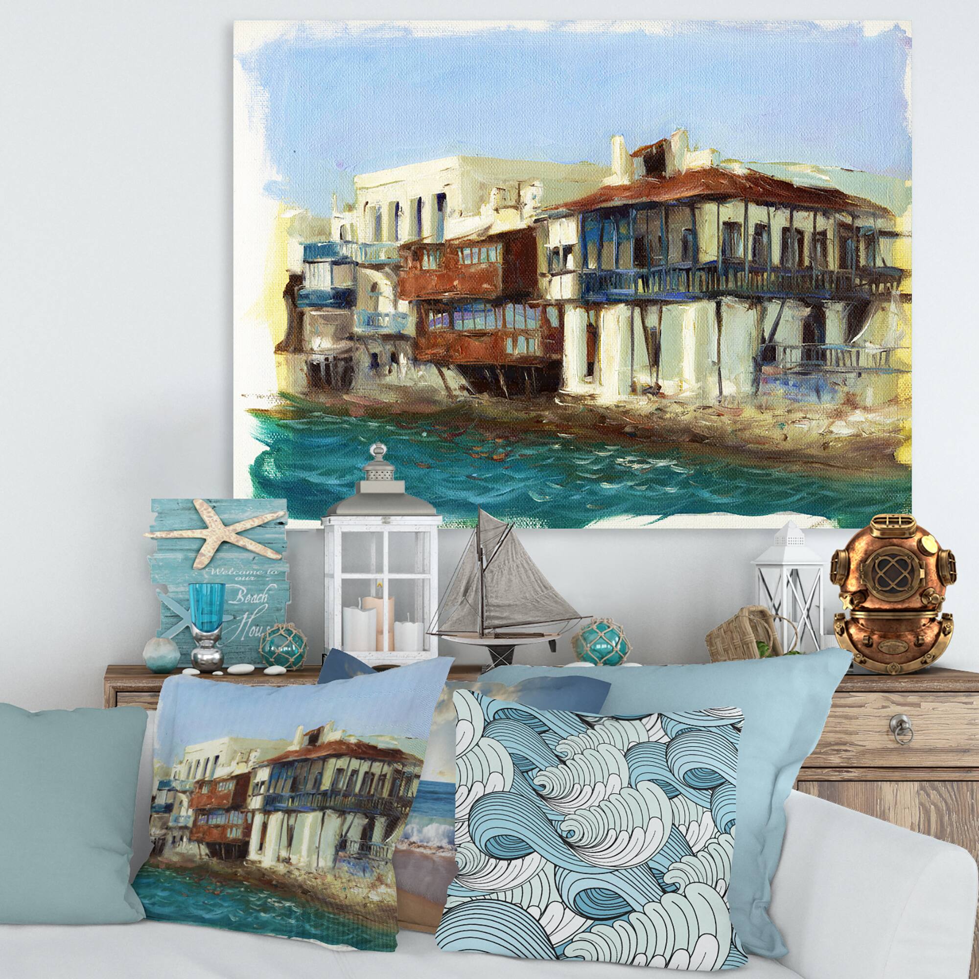 Designart - Old Houses On The Island of Mykonos Greece - Nautical & Coastal Canvas Wall Art Print
