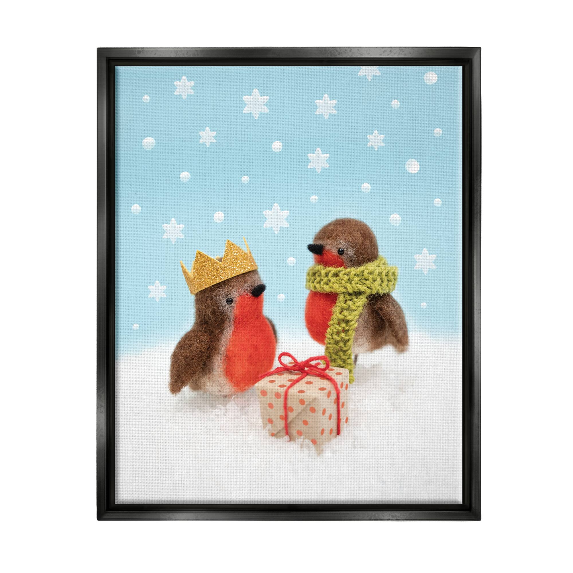 Stupell Industries Birds Gift Giving Christmas Snow Framed Floater Canvas Wall Art