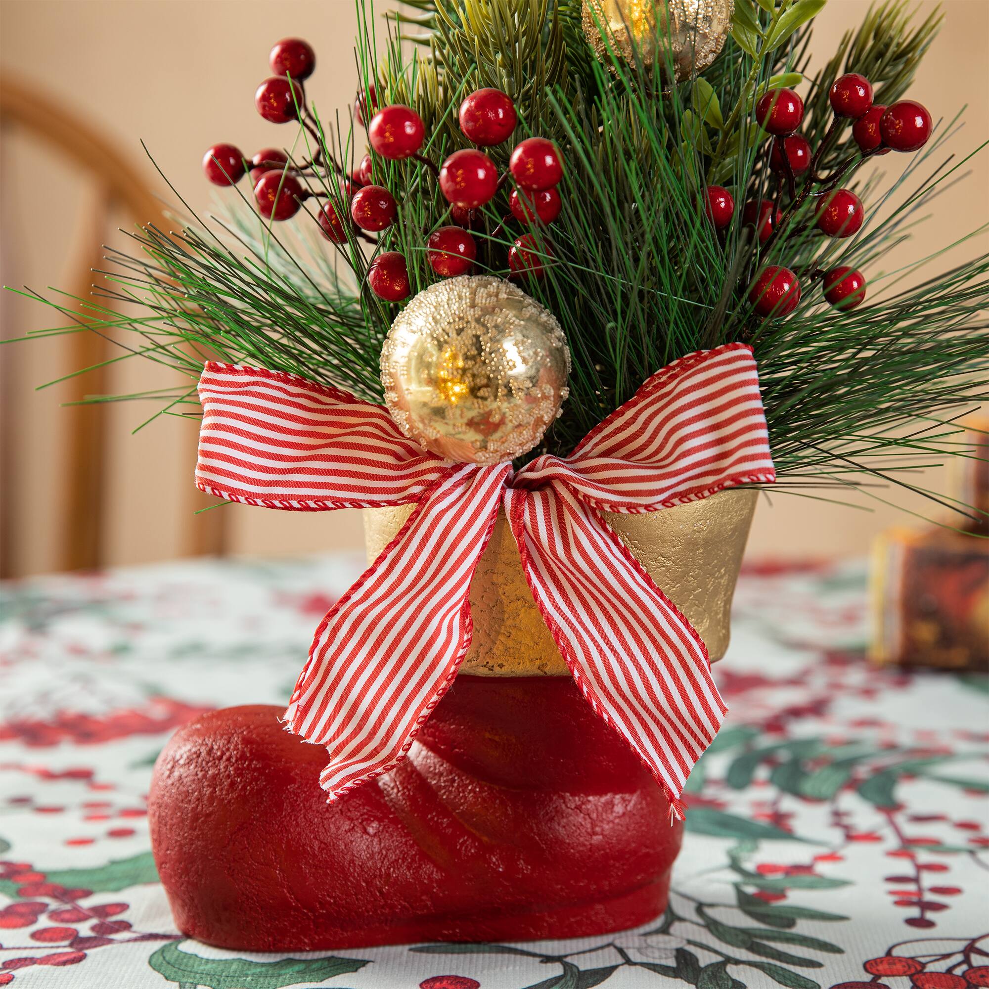 Glitzhome® 14" Christmas Red Boot with Pine Needle & Berry Centerpiece