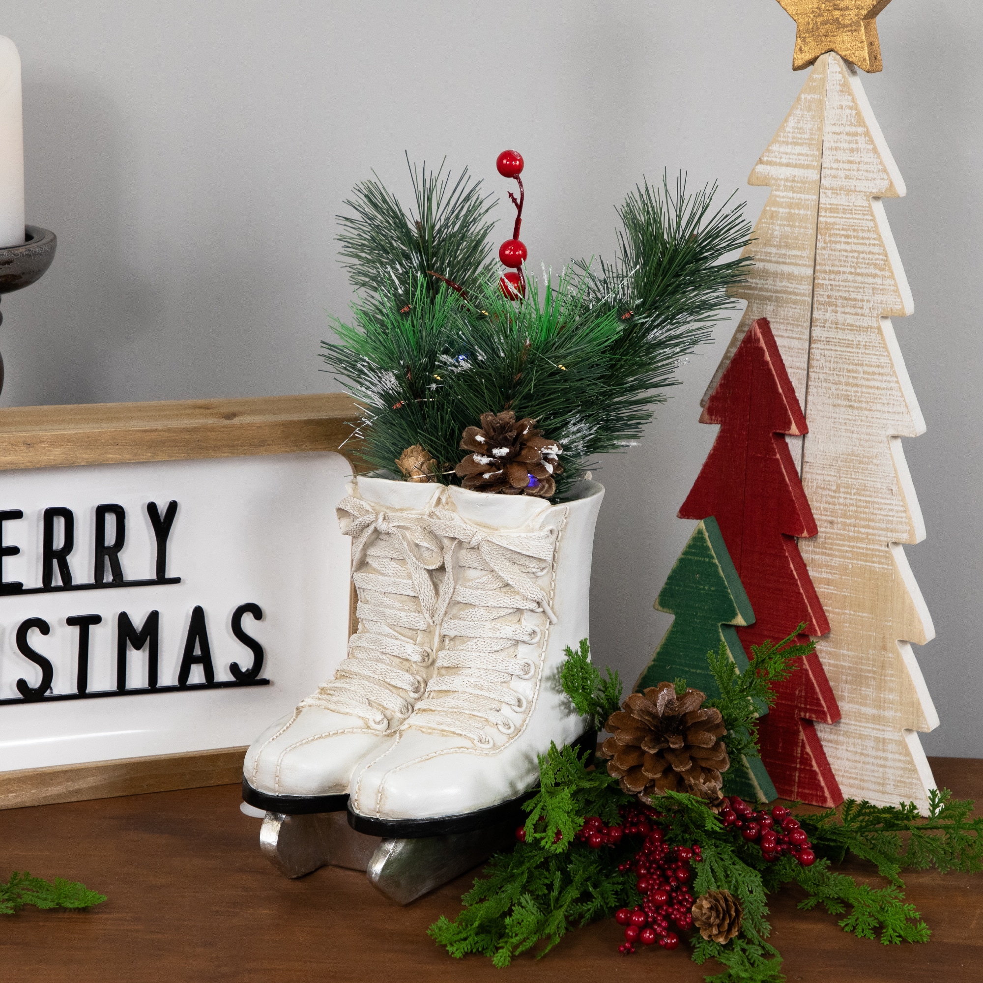 12" LED Lighted White Skates with Floral Arrangement Christmas Decoration