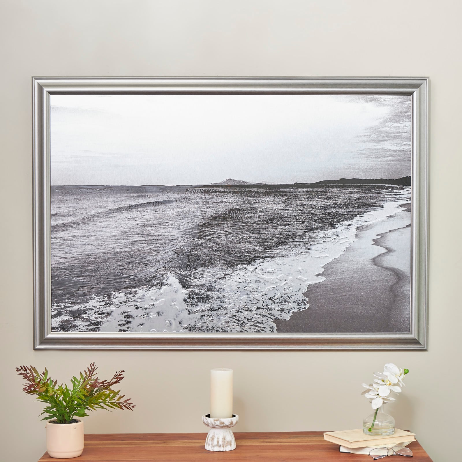 Silver Canvas Ocean Landscape Textured Framed Wall Art with Black & White Accents