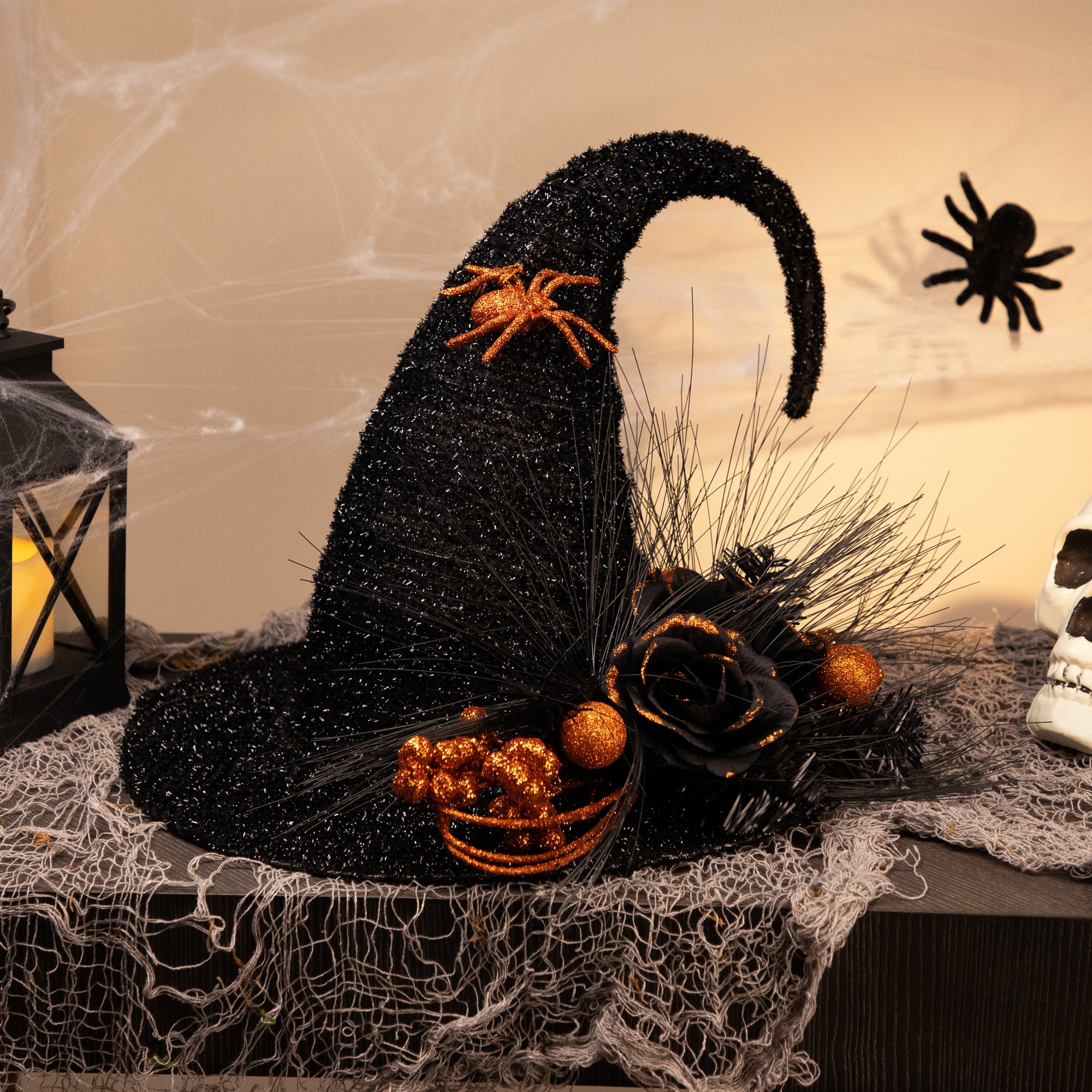 16" Black Tinsel Witch's Hat with Orange Glittered Roses Halloween Decoration