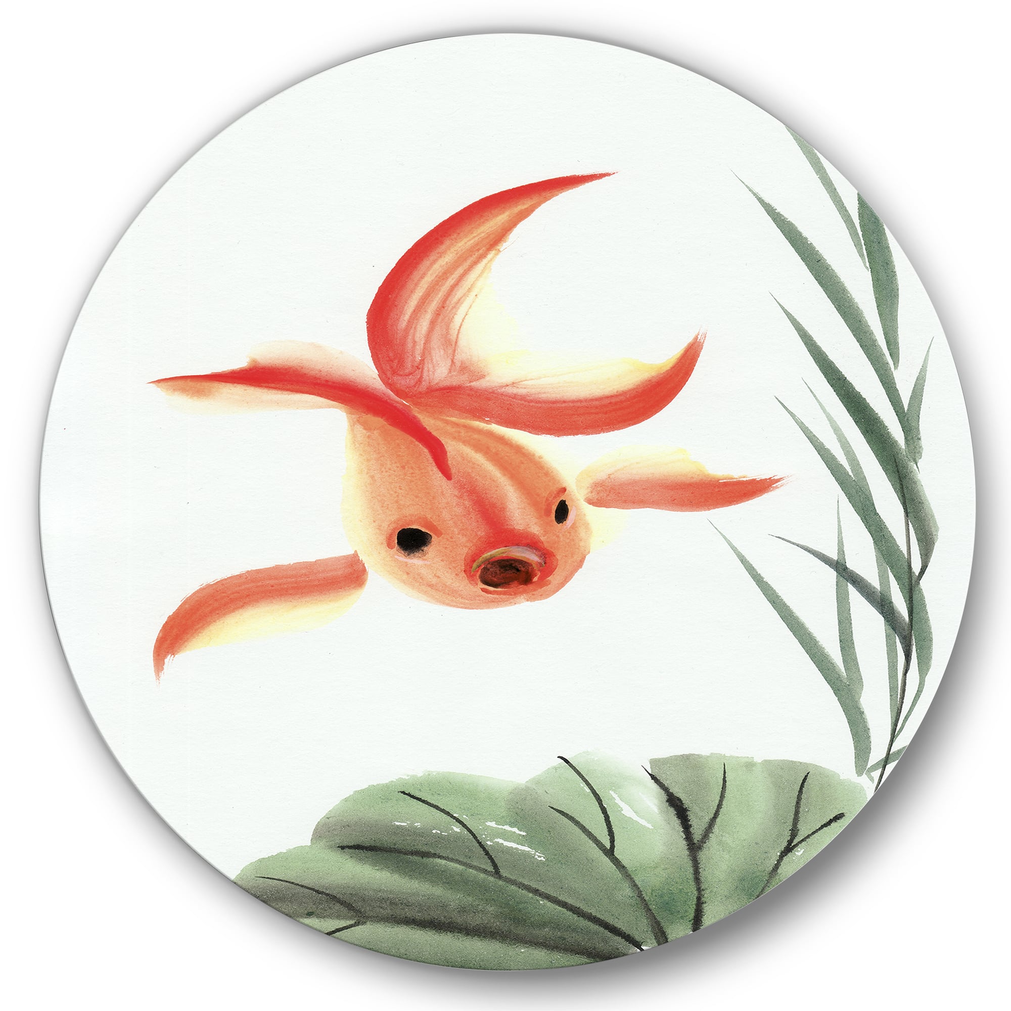 Designart - Vintage Goldfish and The Lotus Leaf - Nautical & Coastal Metal Circle Wall Art