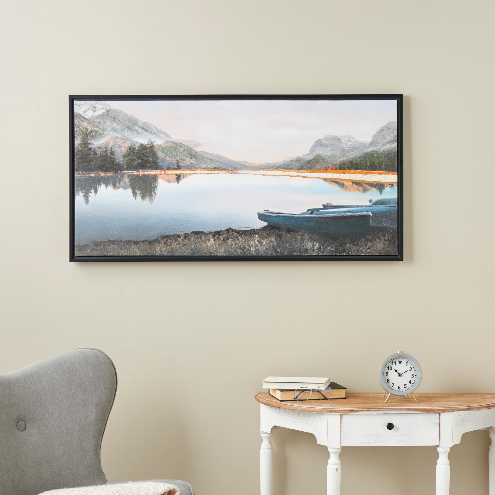 47.5" x 23.75" Blue Canvas Landscape Lake Sunset Framed Wall Art