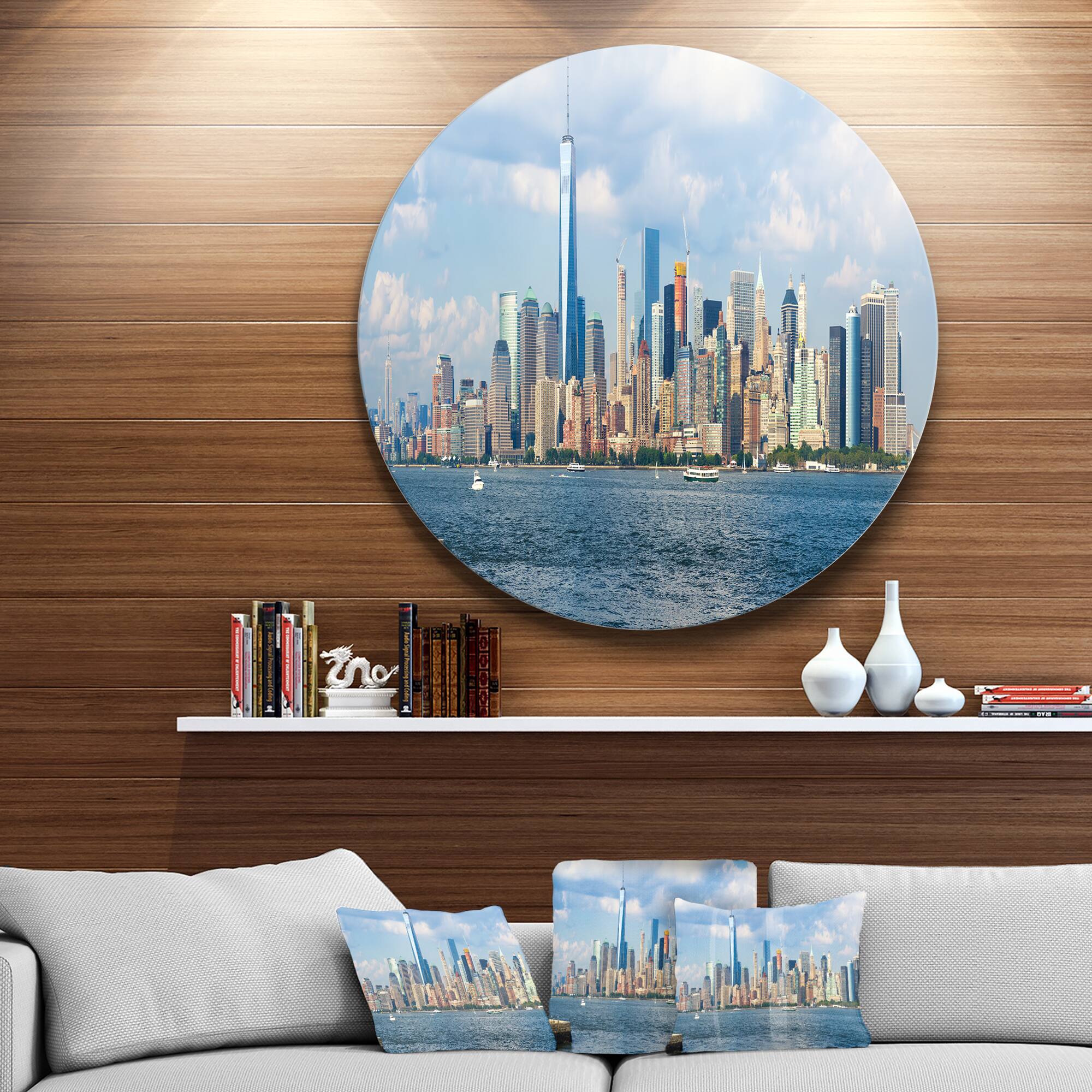 Designart - Lower Manhattan Skyline Panorama' Cityscape Metal Circle Wall Art