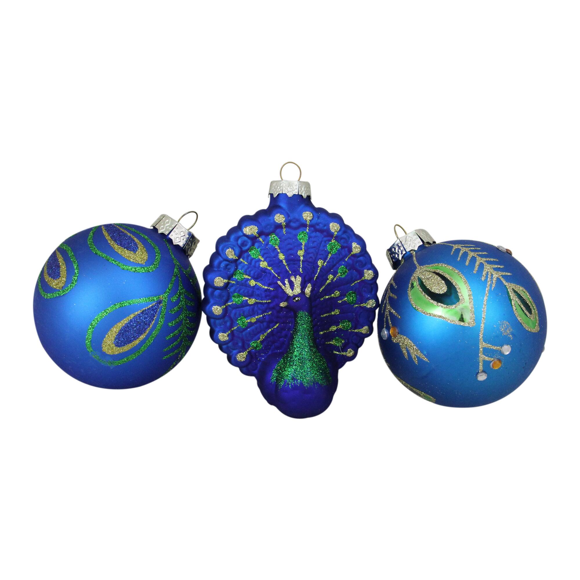 3.75" Royal Blue & Green Peacock Glass Christmas Ornaments, 3ct.