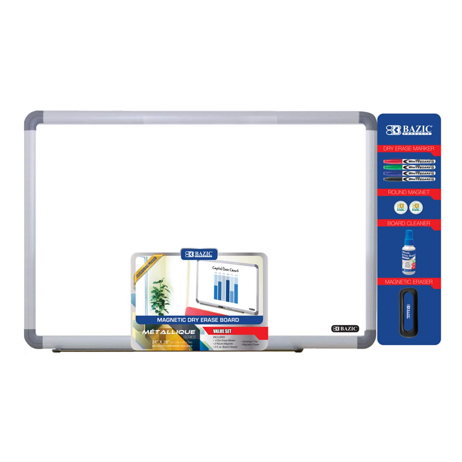 Bazic® 24" x 36" Aluminum Frame Magnetic Dry Erase Board Value Pack