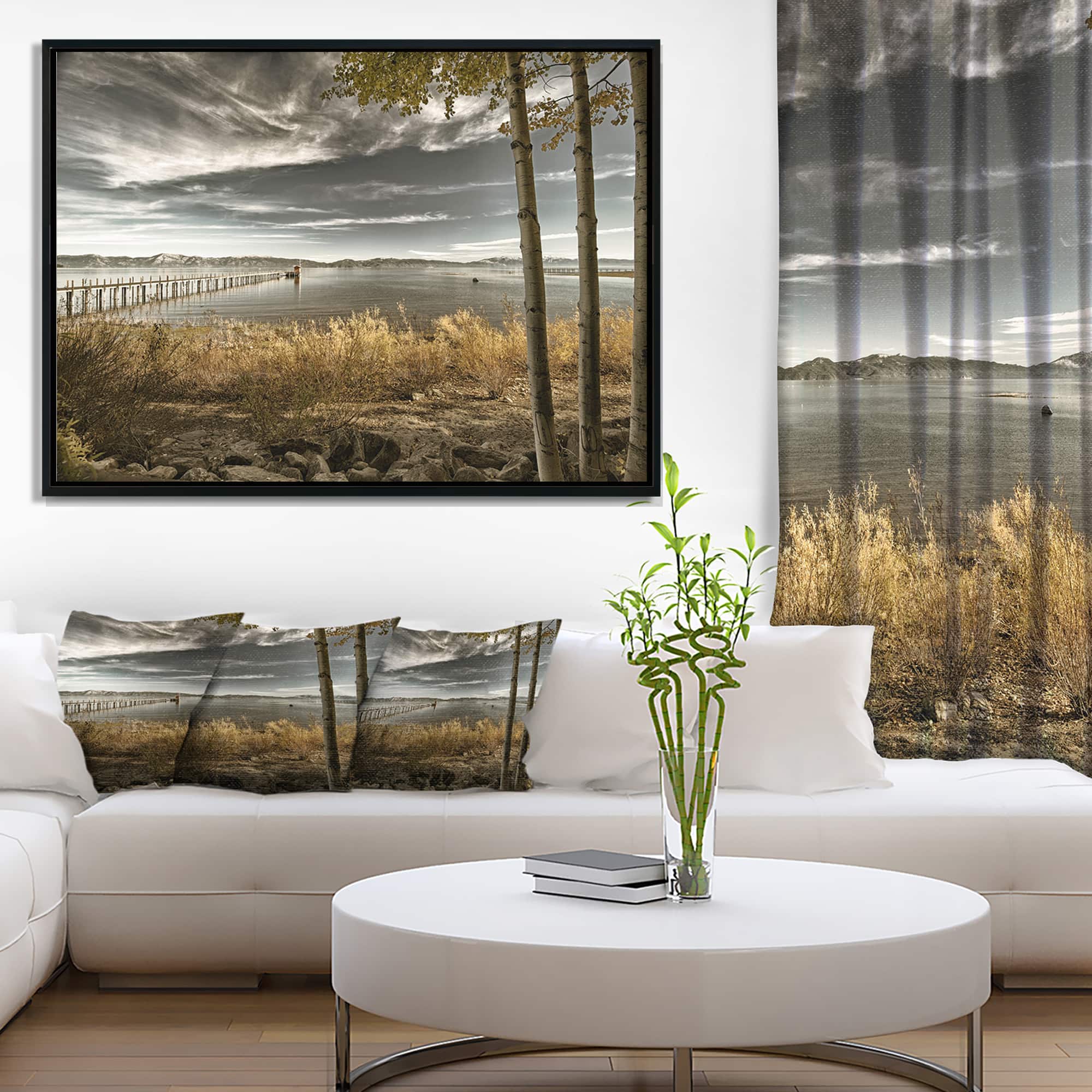 Designart - Pier in Brown Lake - Landscape Photo Canvas Art Print in Black Frame