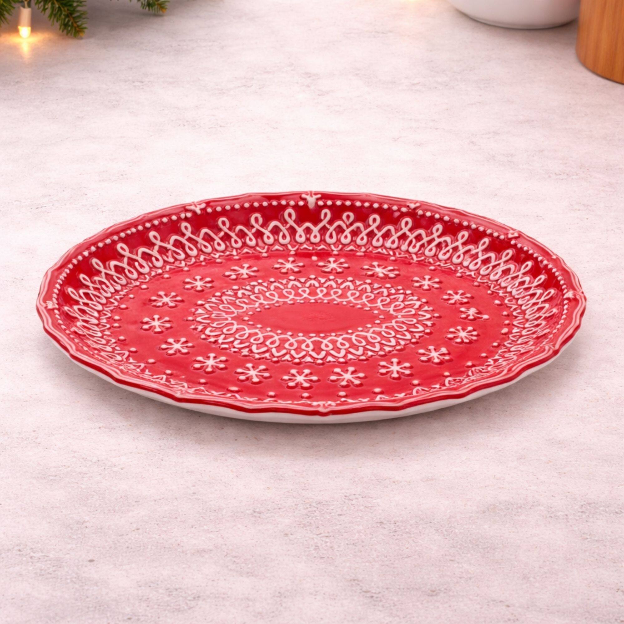 Melrose 12" Red & White Embossed Ceramic Snowflake Platters, 2ct.