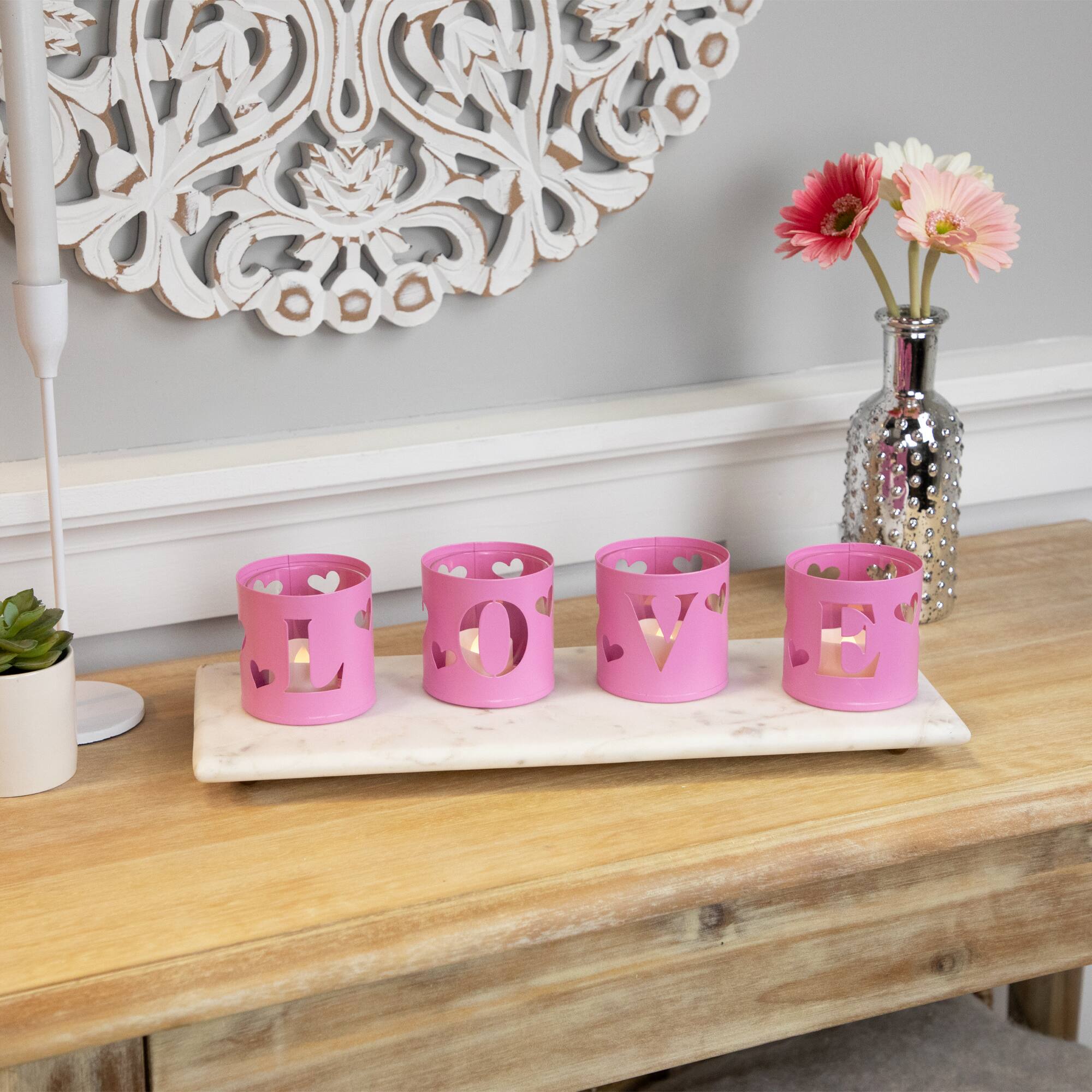 Pink Valentine's Day Love Metal Votive Candle Holders Set
