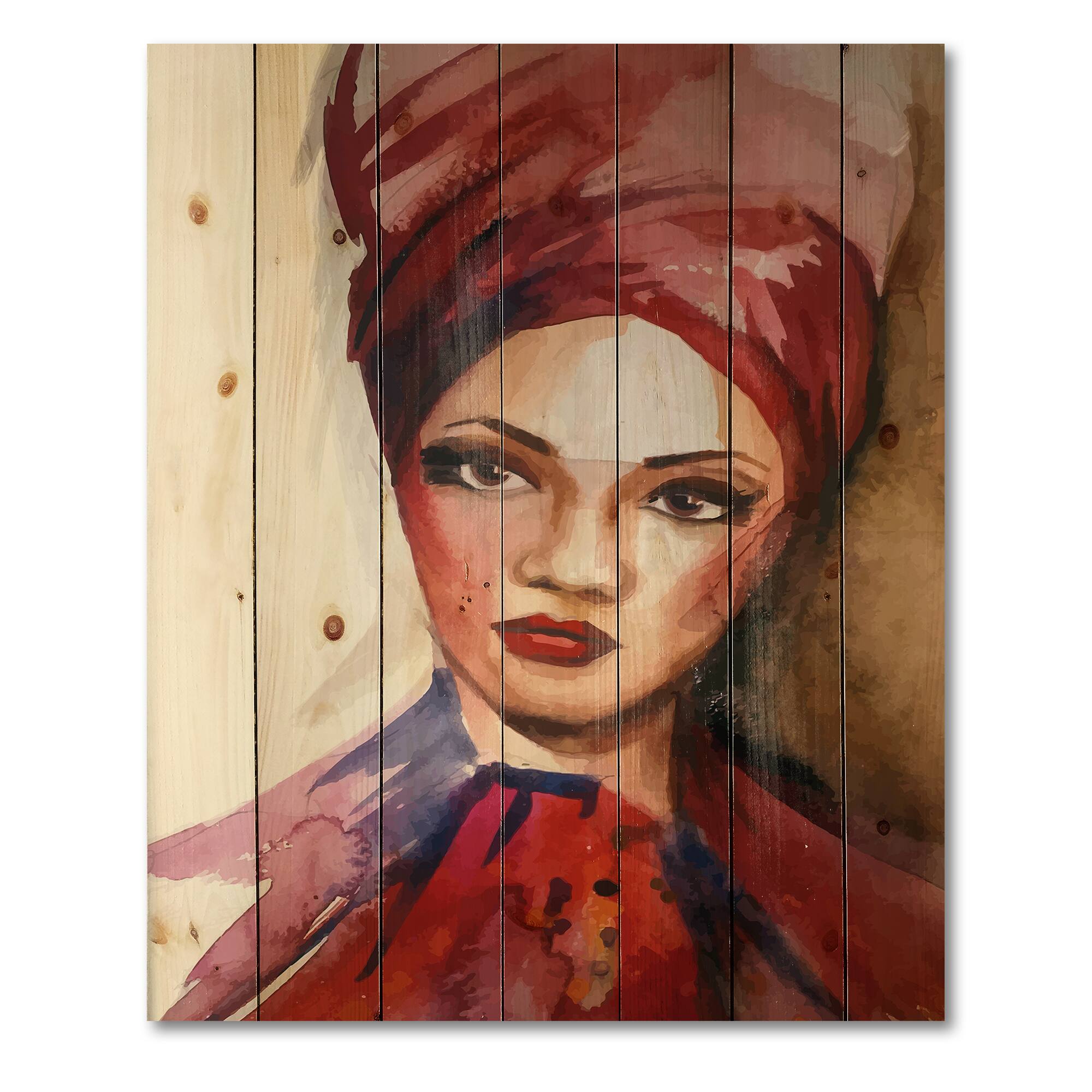 Designart - Portrait of Young Afro American Woman I - Modern Print on Natural Pine Wood