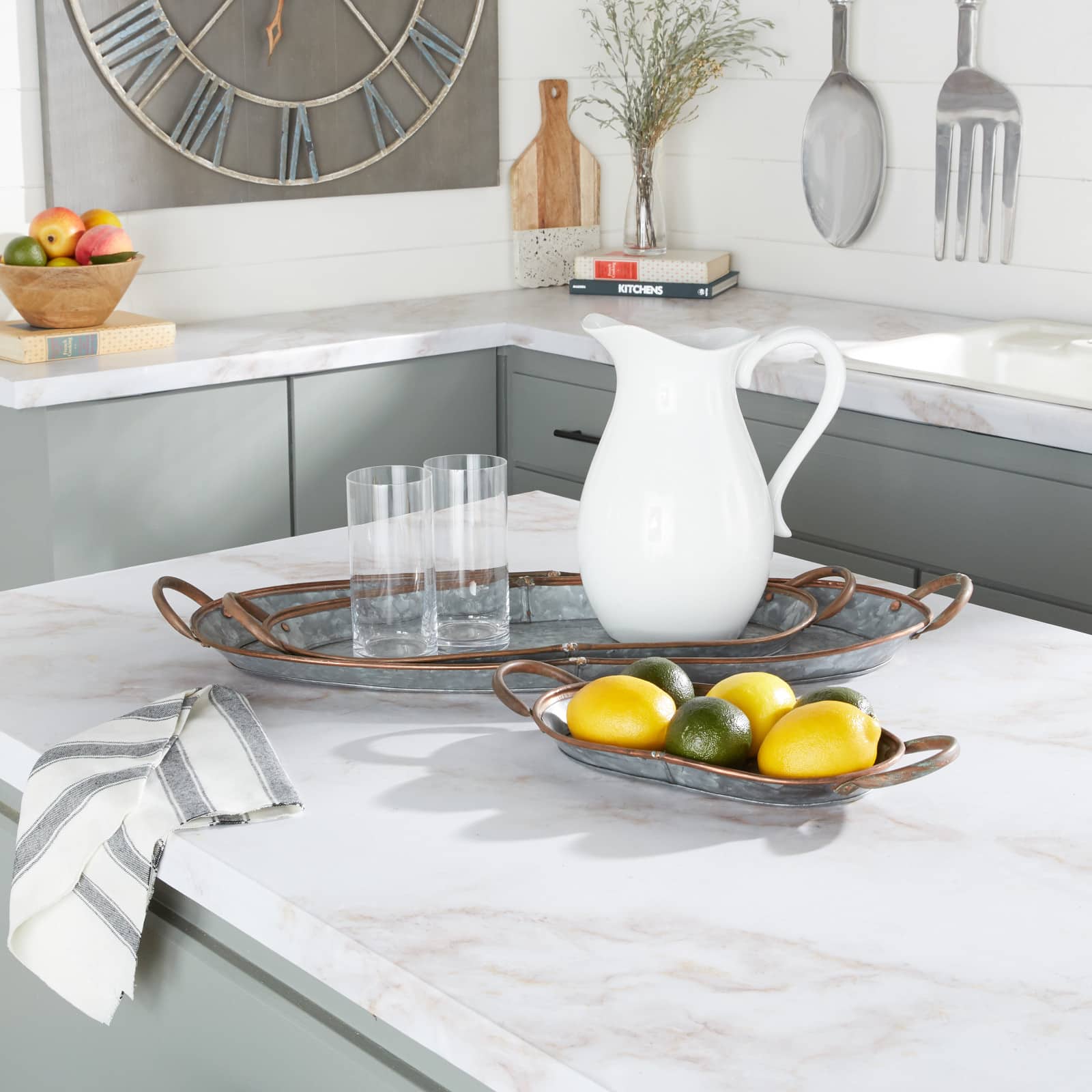Set of 3" Grey Metal Farmhouse Tray, 14", 22", 28"