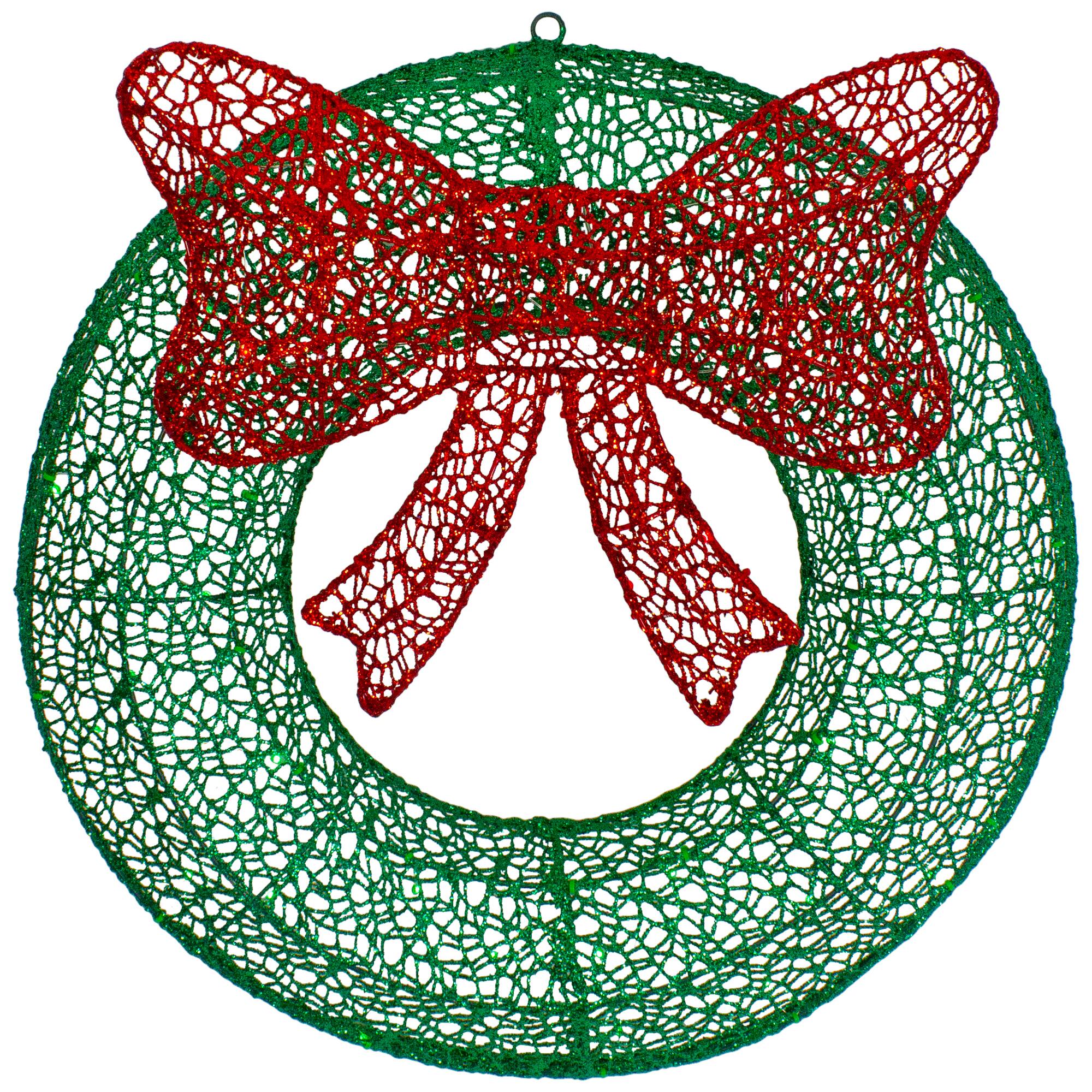 24" LED Green Glitter Wreath with Red Bow