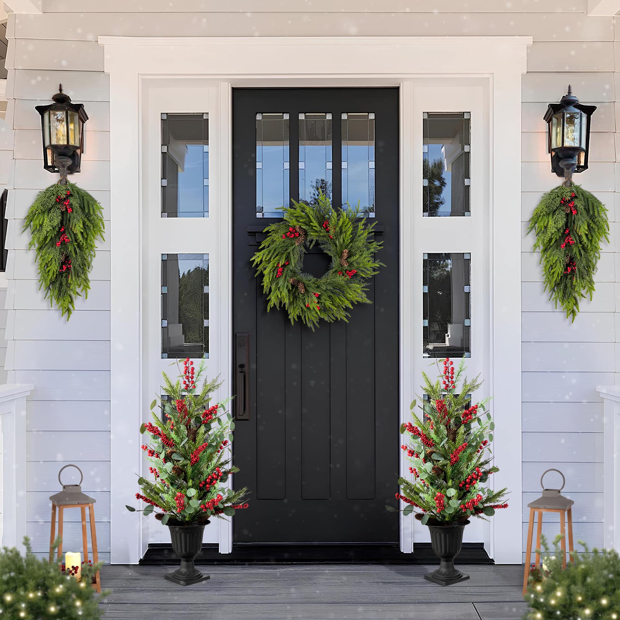 Glitzhome® 31.5" Christmas Greenery PE Dripping Teardrop with Pinecones and Red Berries,Set of 2