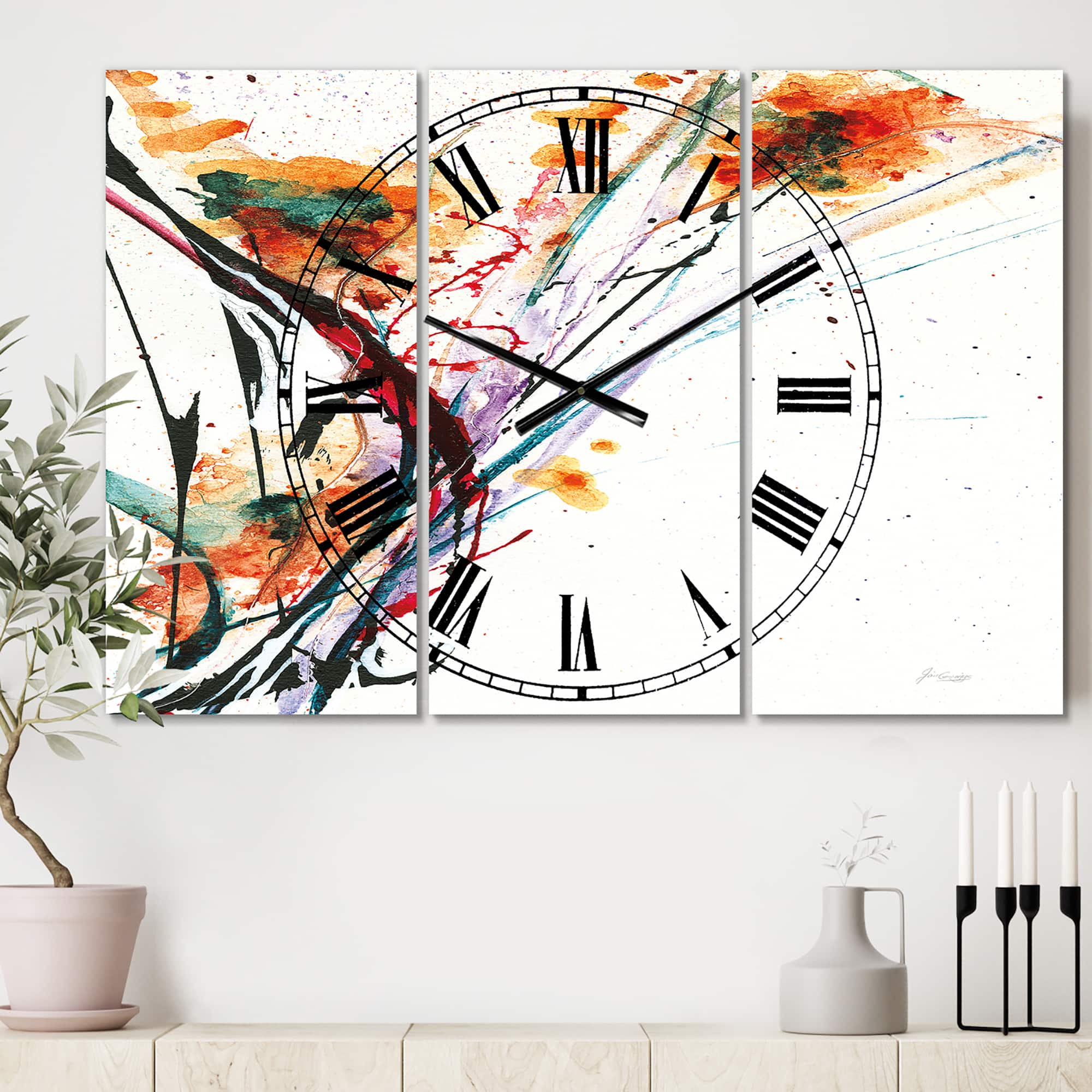 Designart 'Abstract Handpainted Orange Flowers Traditional Multipanel Wall Clock