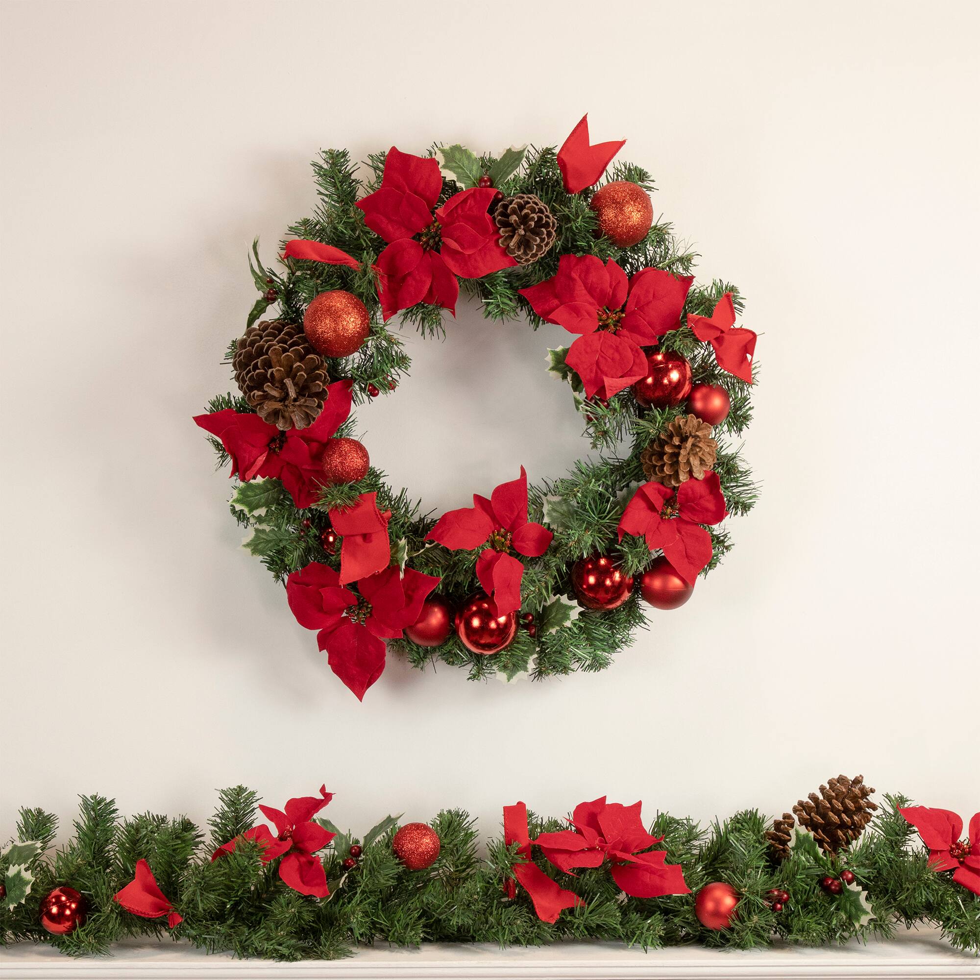 Pre-Decorated Red Poinsettia Pine Cone & Ball Artificial Garland, Unlit