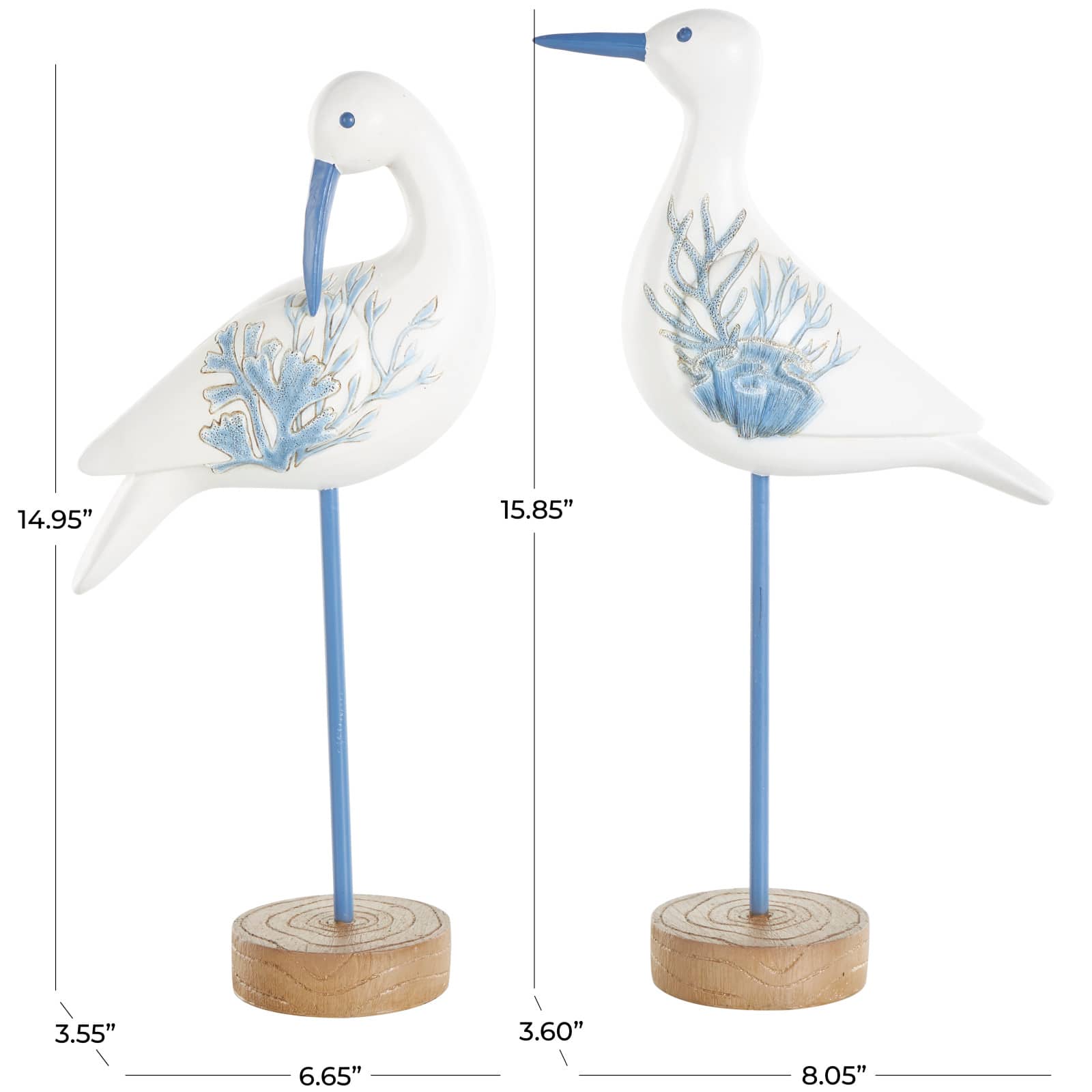 White with Blue Coral Pattern Polystone Bird Sculpture Set