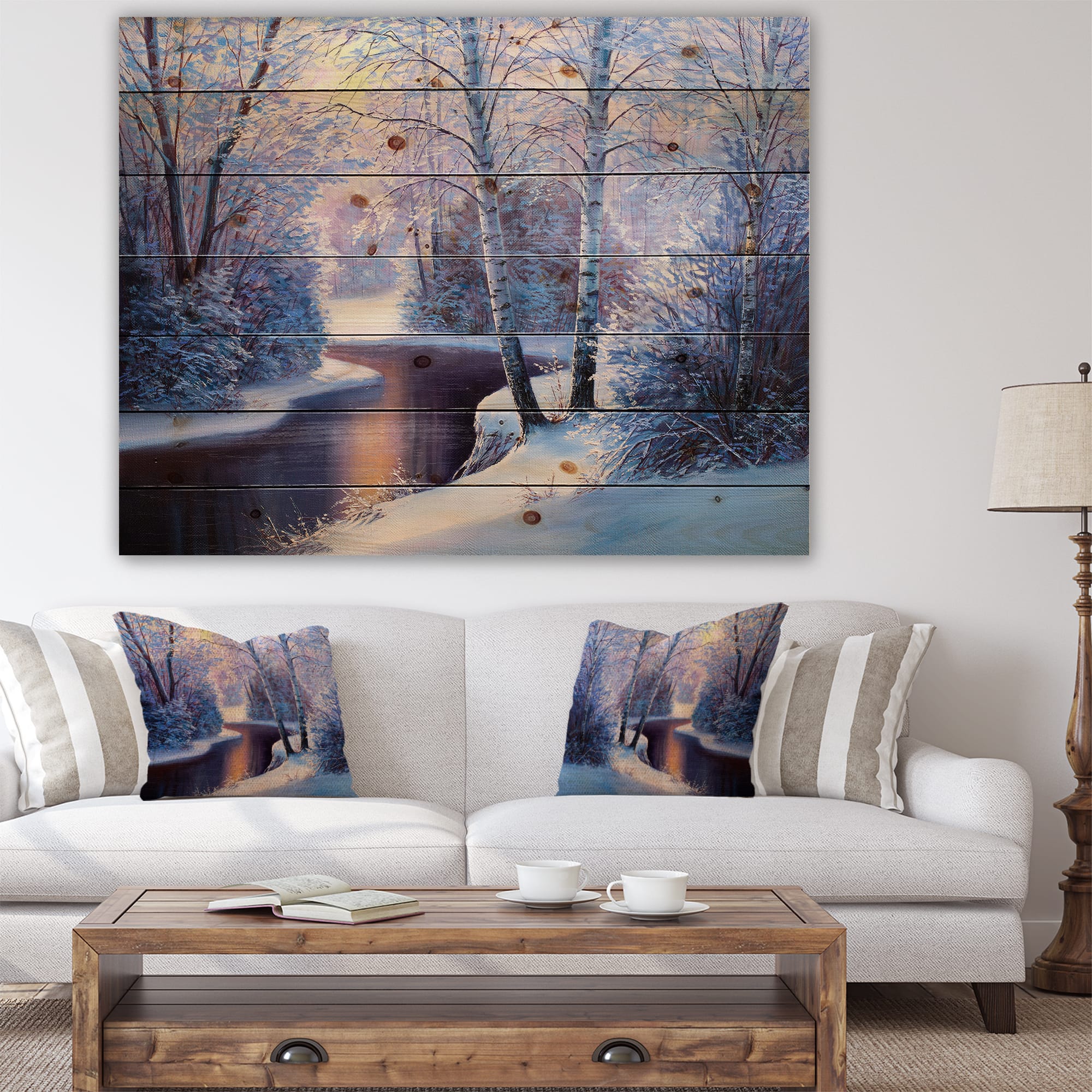 Designart - Winter Forest in River Sunset - Landscapes Painting Print on Natural Pine Wood