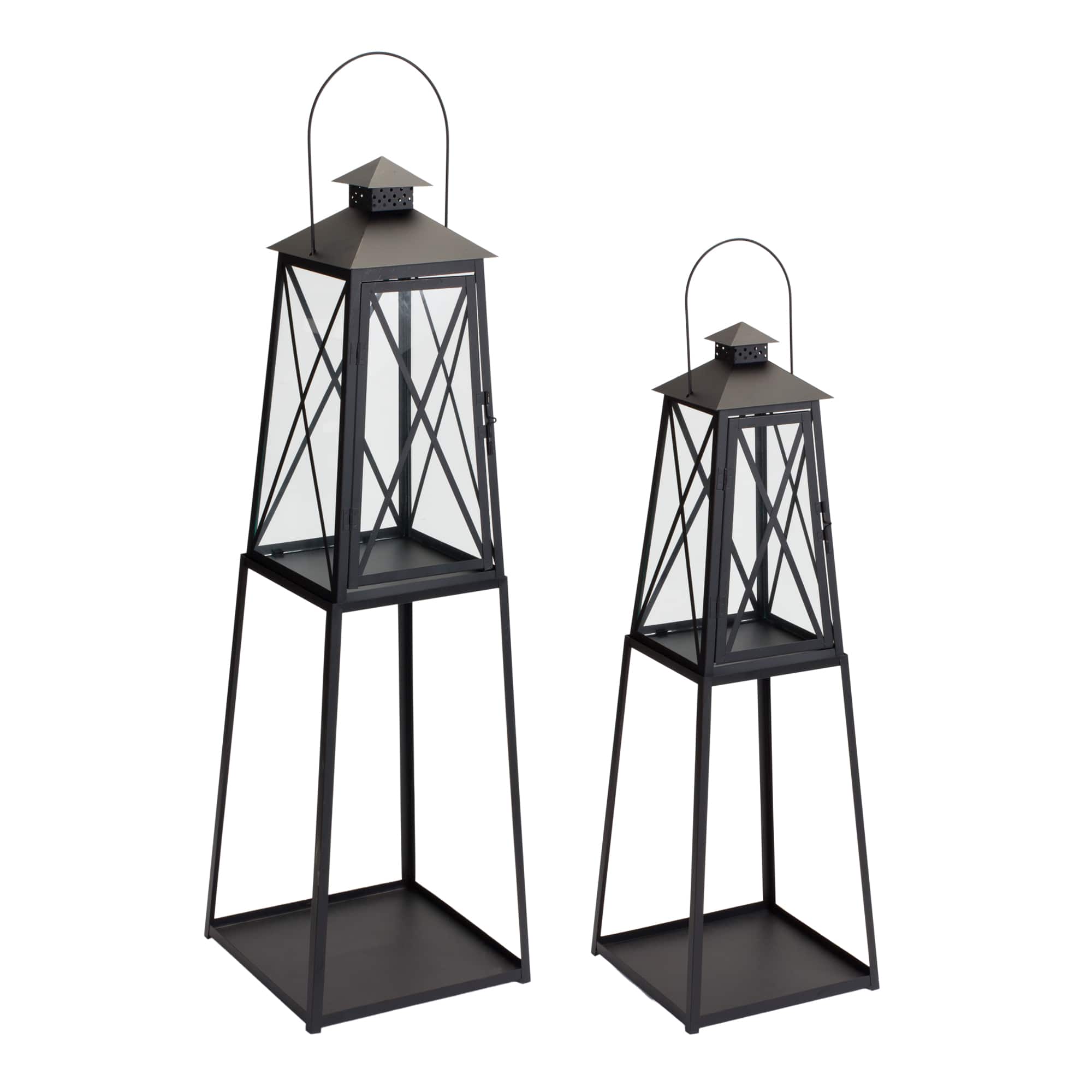 Black Traditional Metal Lantern with Tapered Stand Set