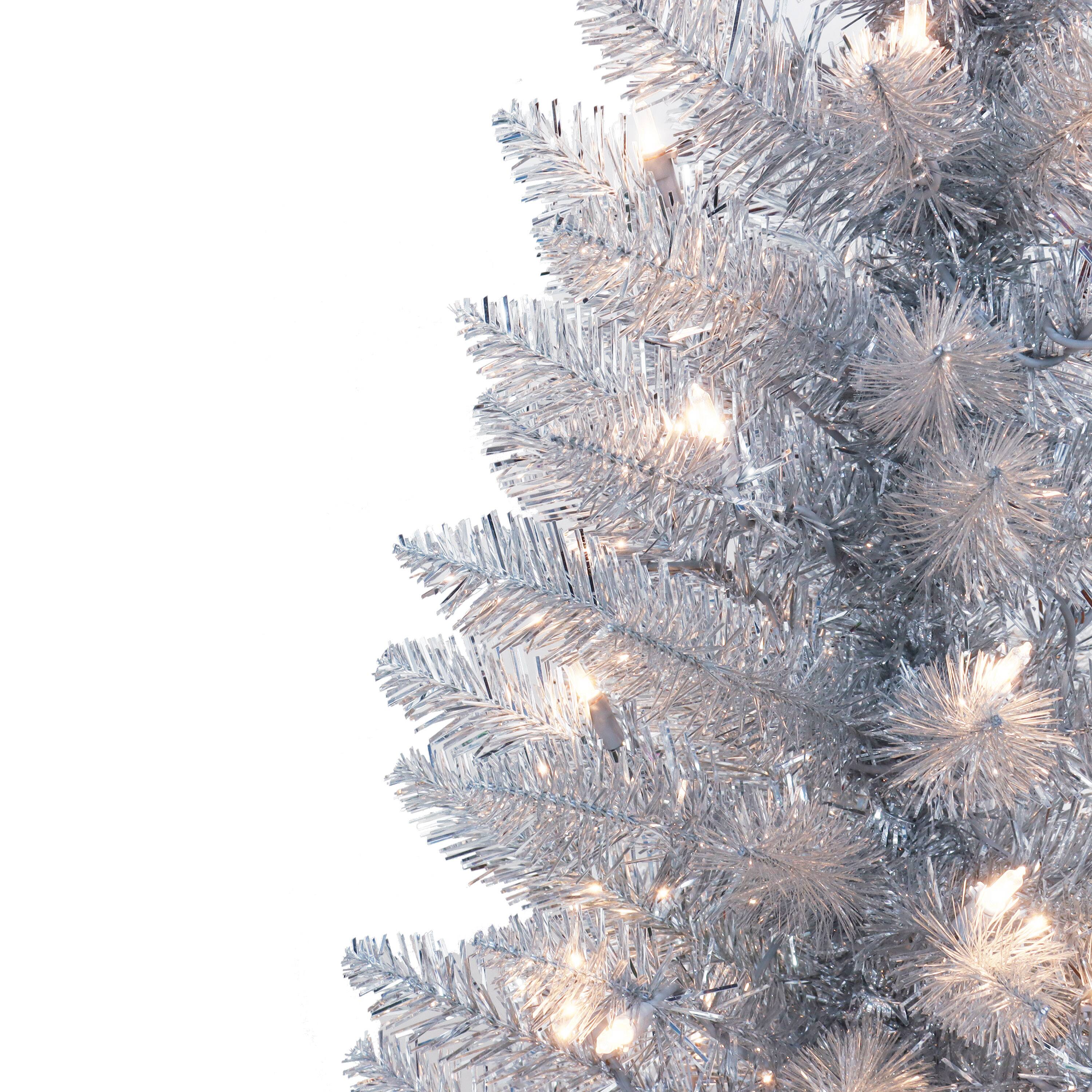 4.5ft. Pre-Lit Silver Tinsel Artificial Christmas Tree, Clear Lights