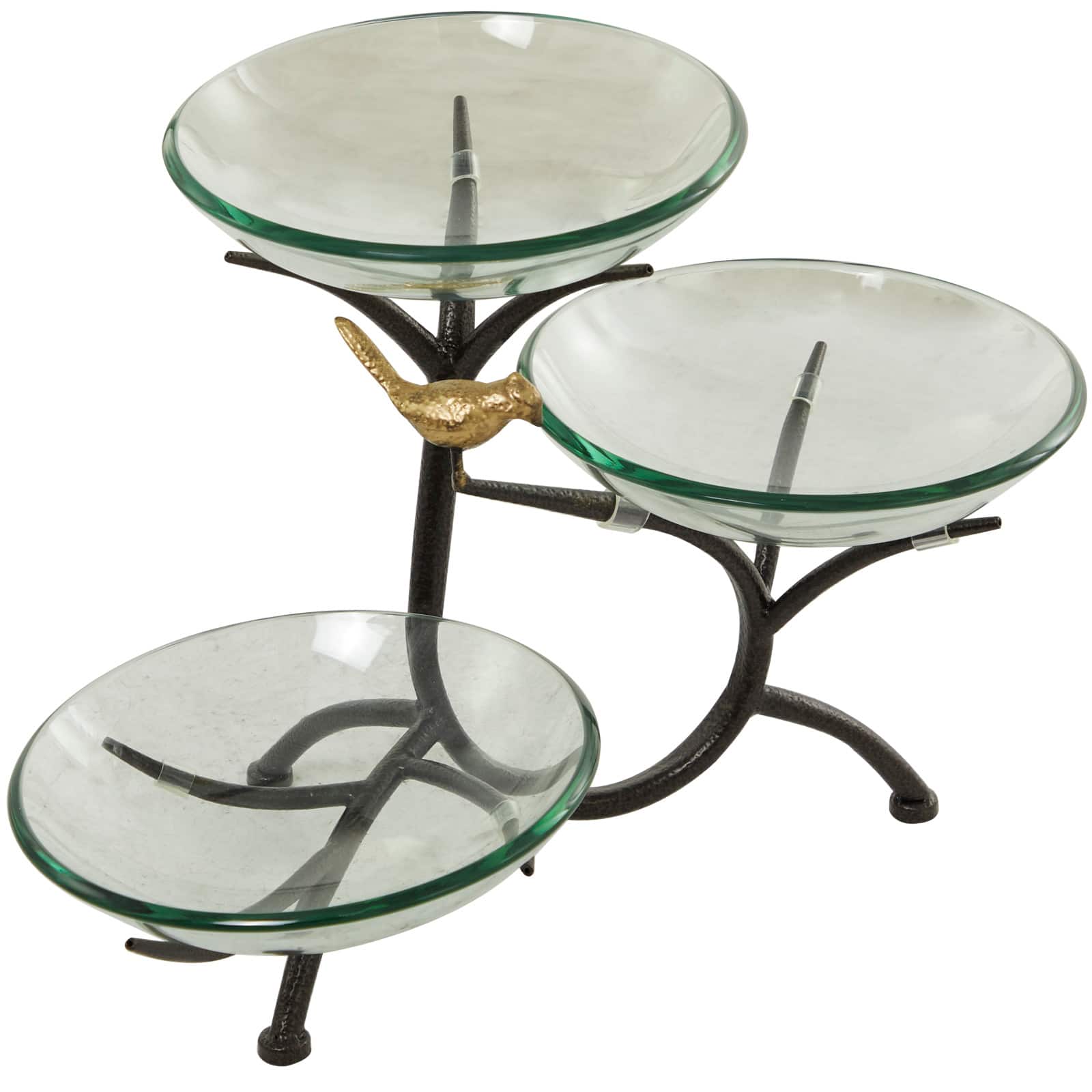 20" Clear Glass Kitchen Serving Bowl with 3-Tier Black Metal Branch Stand