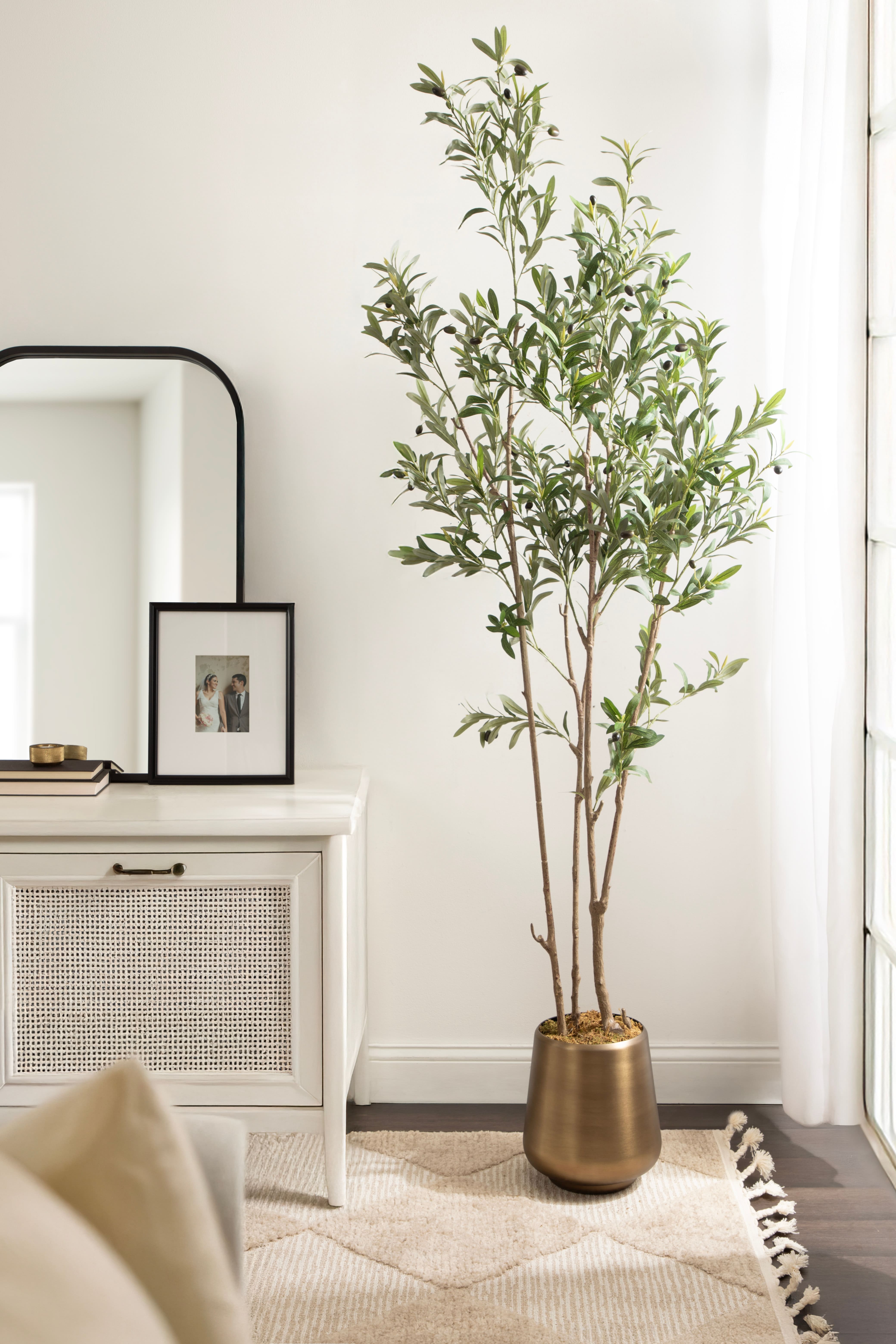 Kate and Laurel 7ft. Green Oliveira Faux Olive Tree in Gold Planter