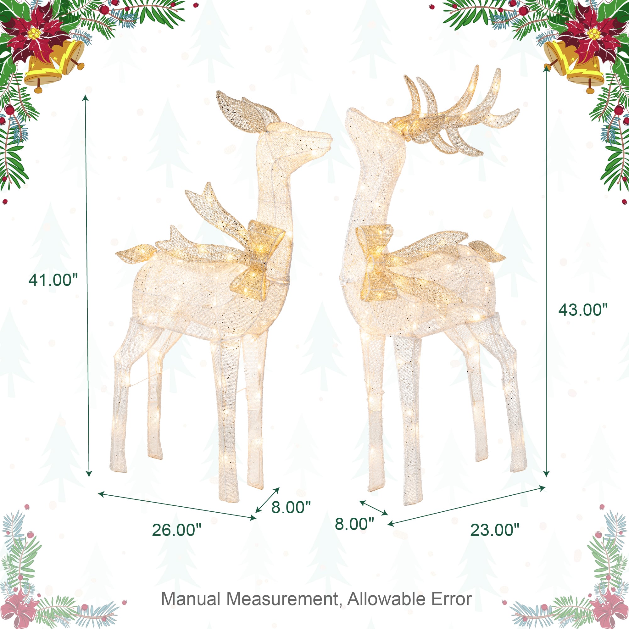 Glitzhome® 43" Christmas 3D Glittered Fabric Reindeer with 170 Warm White LED Lights Set
