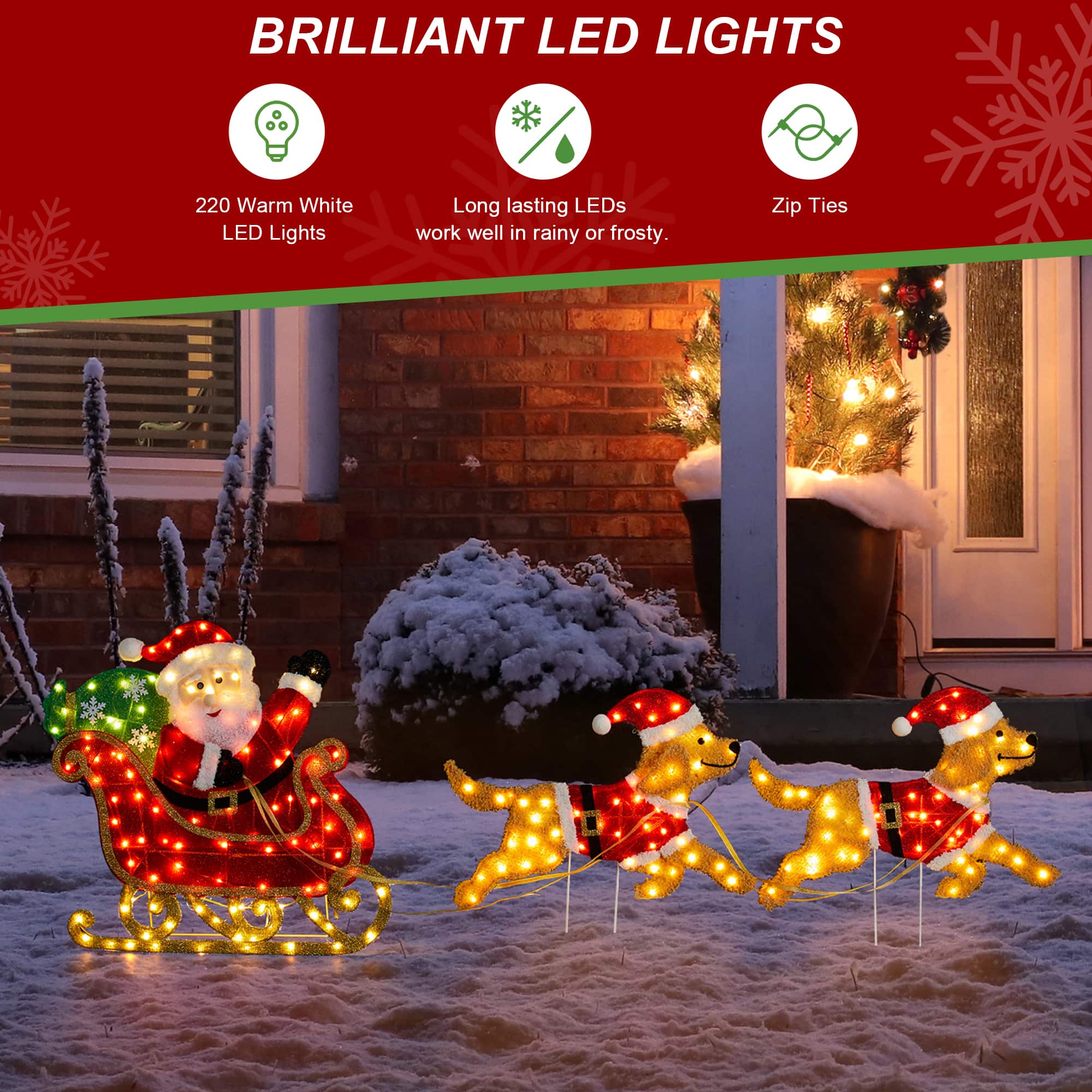 Glitzhome® 90.5"L Lighted Christmas 2D Fabric Dog with Santa Sleigh Outdoor Decor