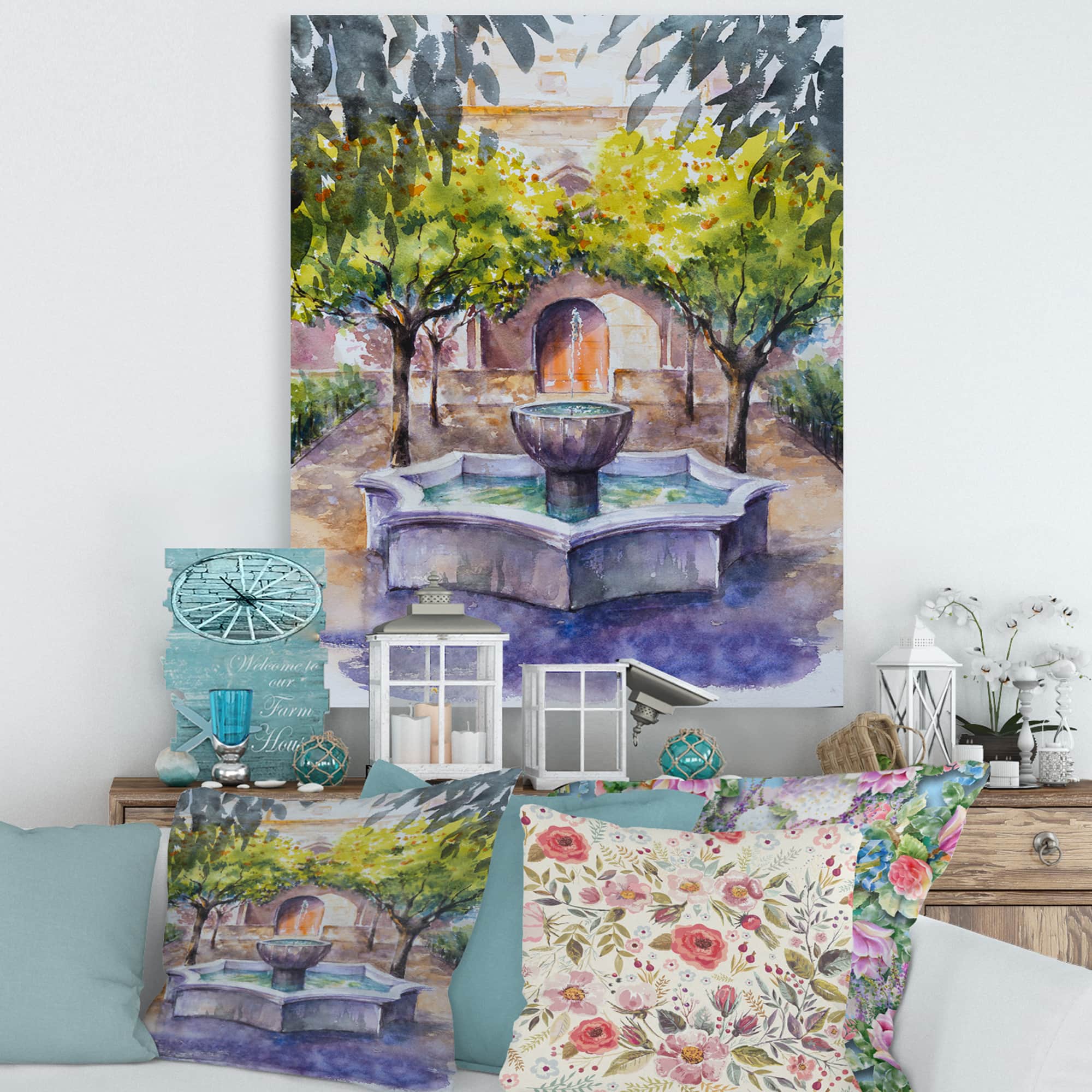 Designart - Small Fountain Picture With Trees In The Village - Country Canvas Wall Art Print