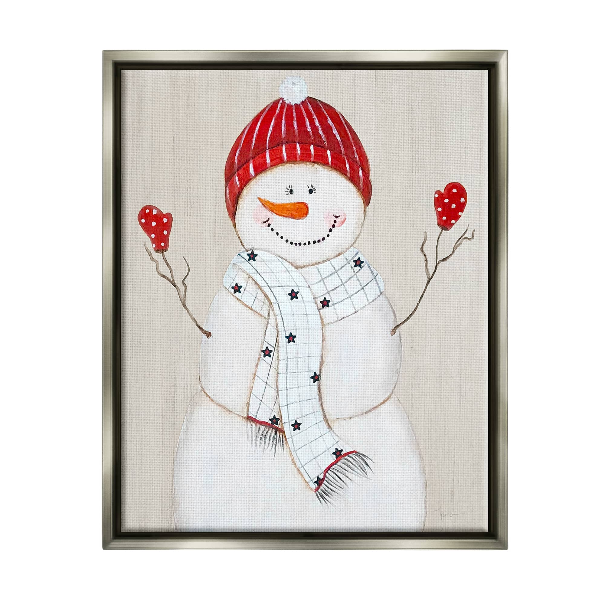 Stupell Industries Seasonal Snowman Smiling Red Hat Framed Floater Canvas Wall Art