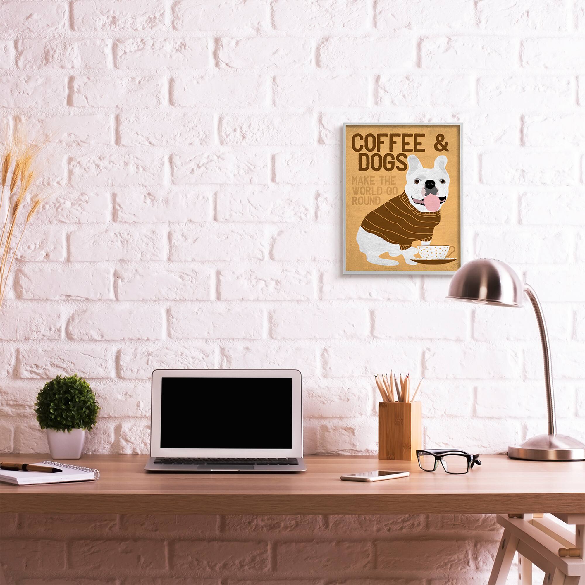 Stupell Industries Coffee and Dogs Phrase French Bulldog Café Pet in Gray Frame Wall Art