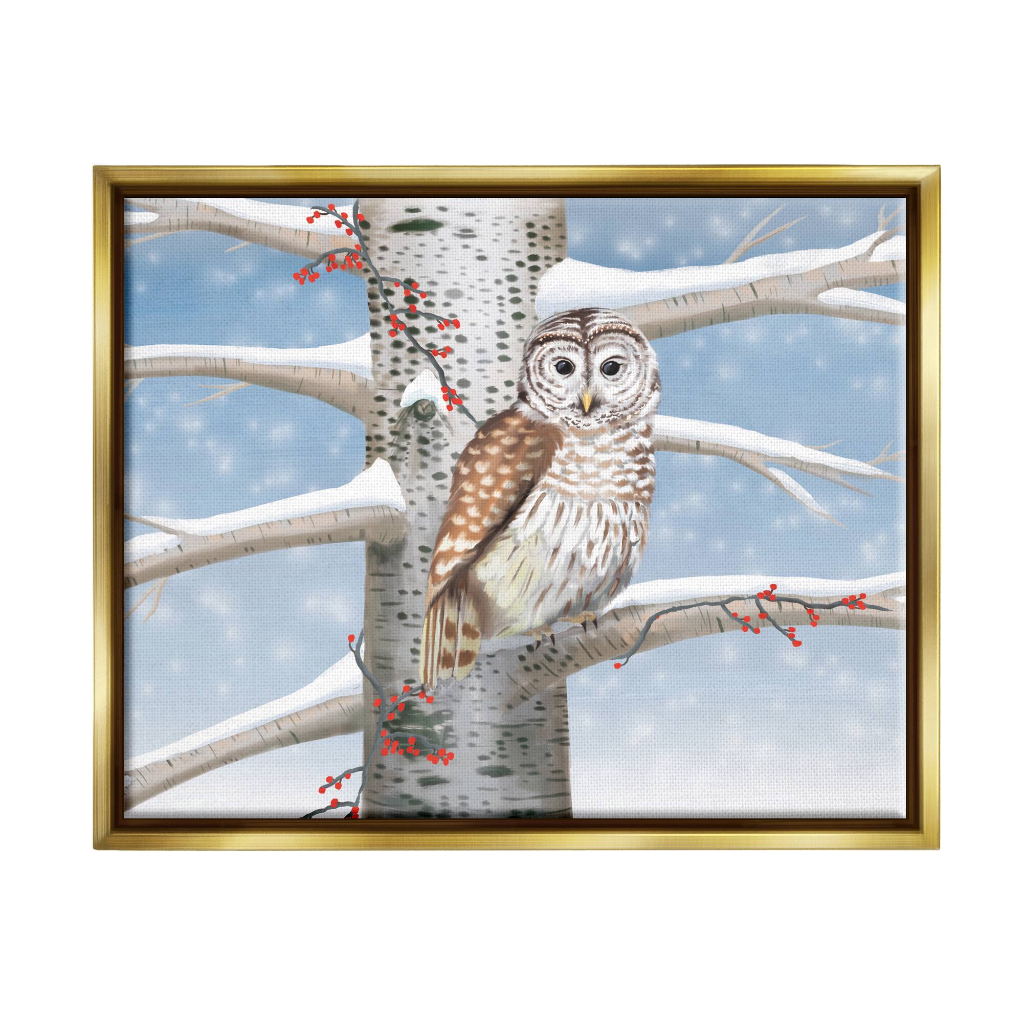 Stupell Industries Snowy Birch Tree Owl Framed Floater Canvas Wall Art