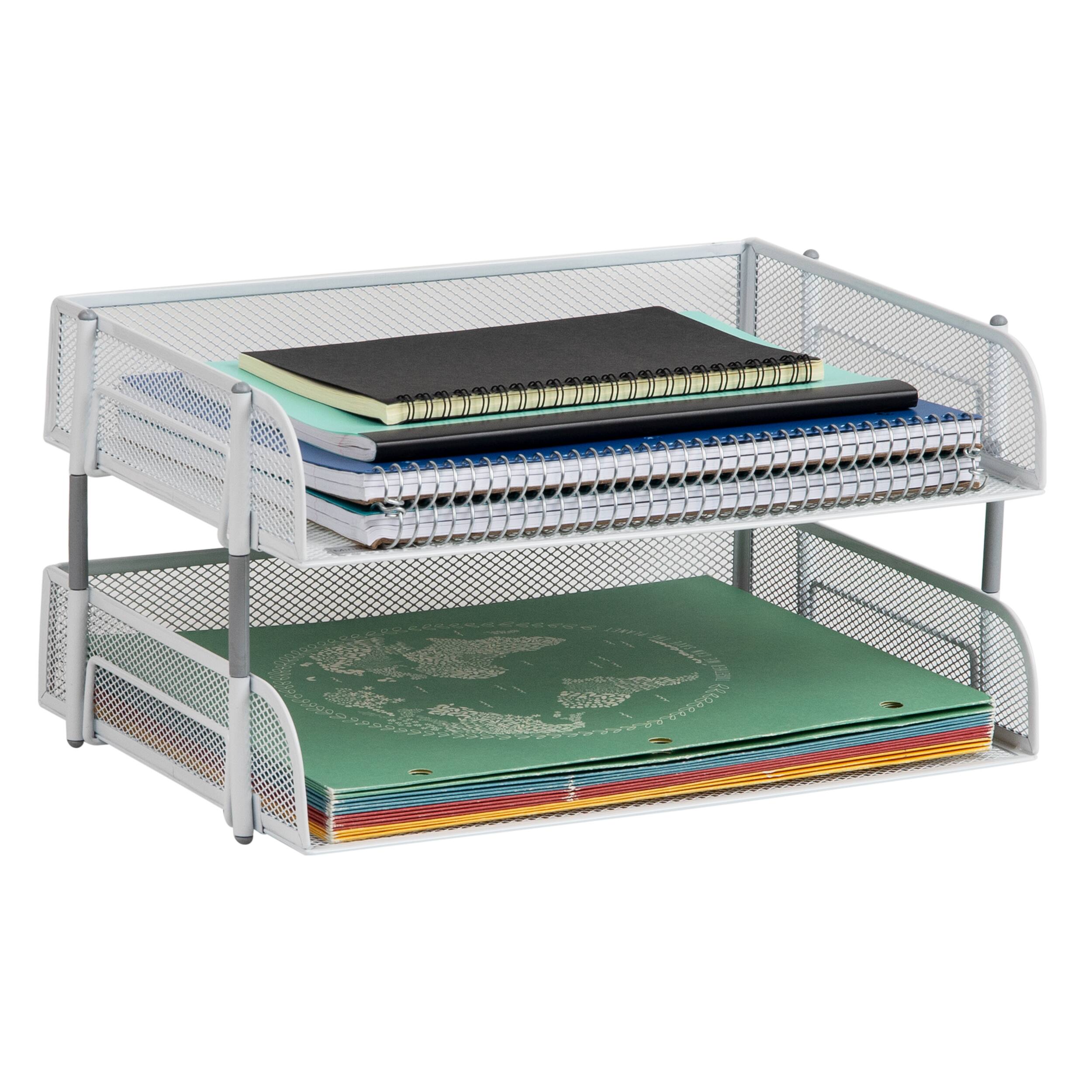 Mind Reader Stackable Paper Tray, Desktop Organizer, File Storage, Office, Metal Mesh, 13.5"L x 10"W x 7.25"H, 2 Pcs., White