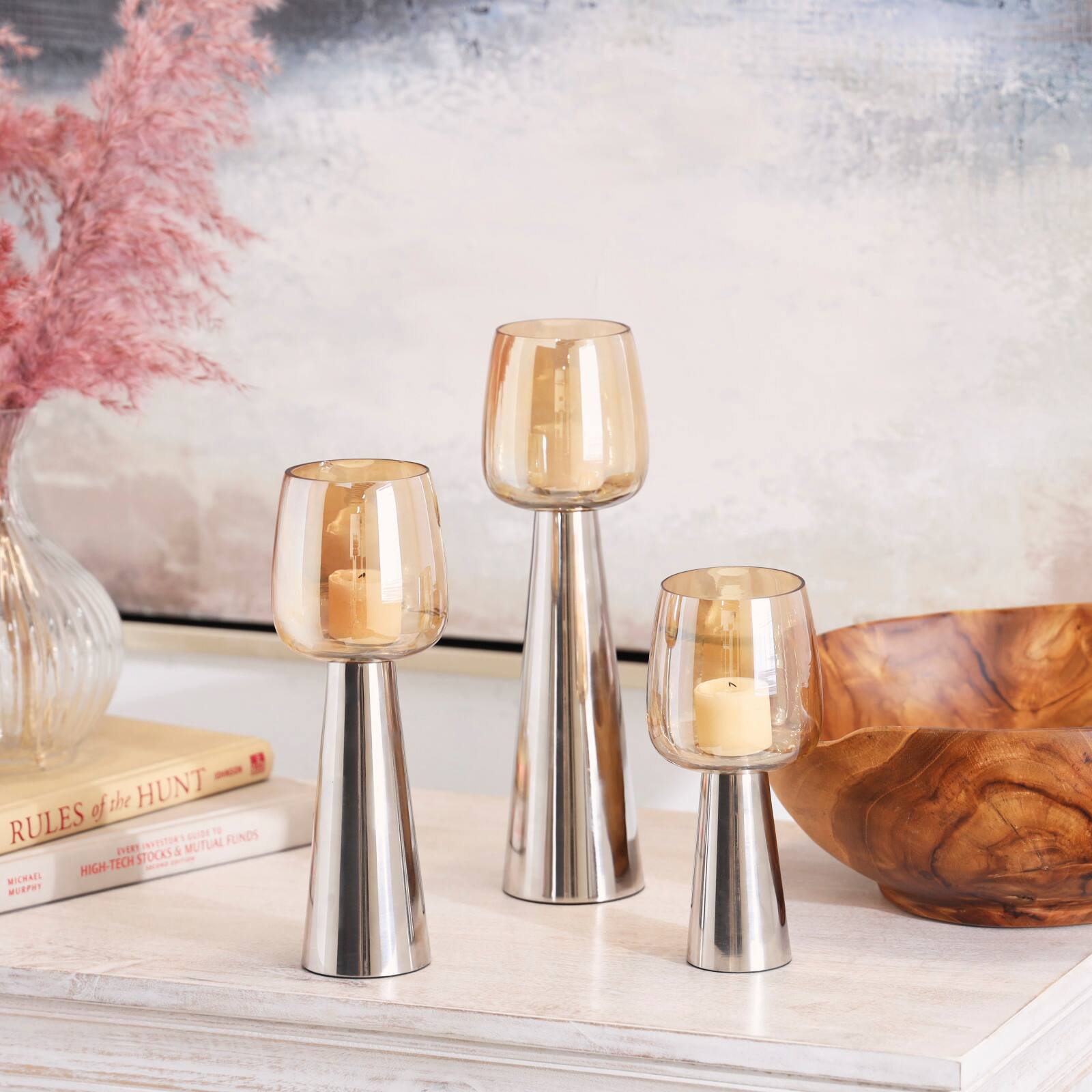 Contemporary Stainless Steel & Glass Candle Holder Set