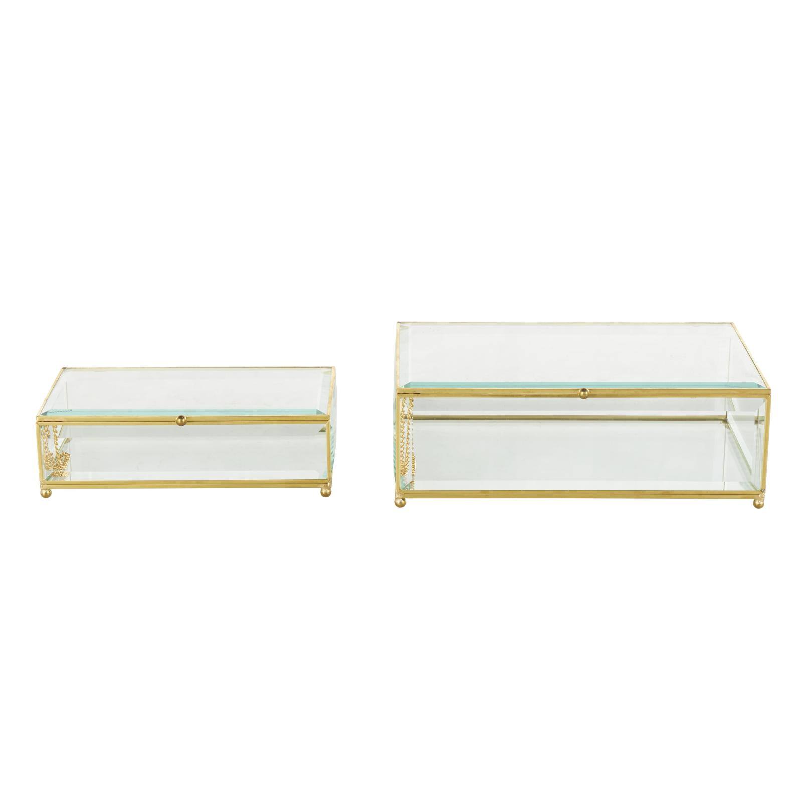Clear & Gold Beveled Glass & Metal Rectangle Footed Jewelry Box with Chain Accent Set