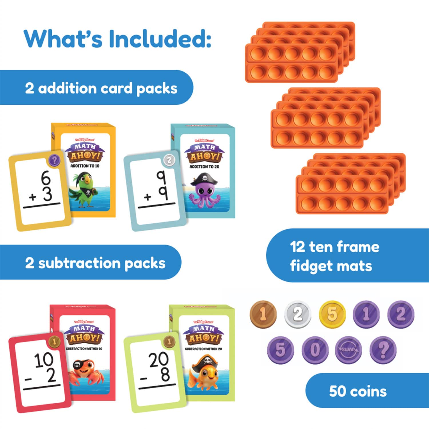 The Fidget Game Math Ahoy Game, Flash Cards, Coins & Fidget Mat Set